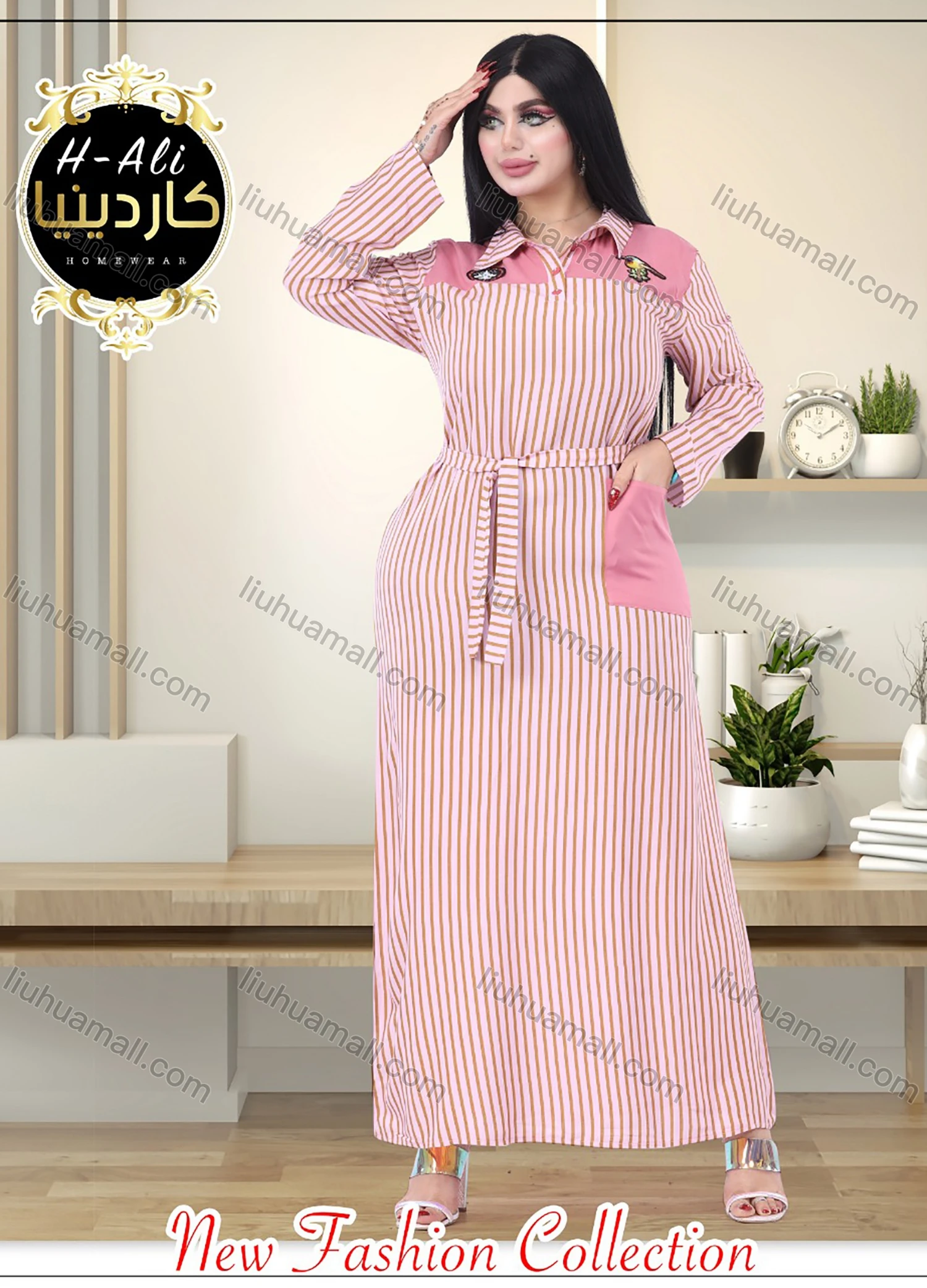 Wholesale Women's Casual Striped Patch Pocket Collared Casual Maxi Shirt Dress With Belt 1633-9931# - Liuhuamall