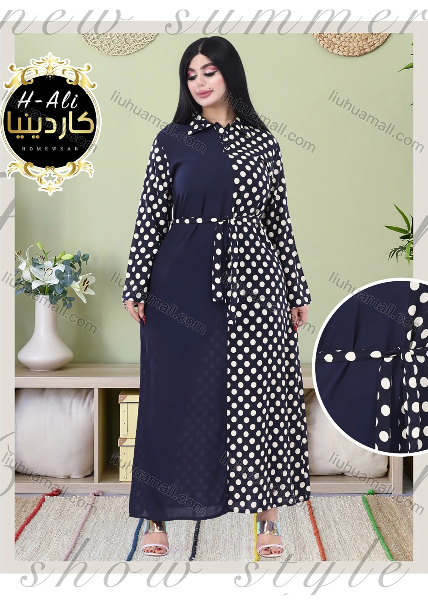 Wholesale Women's Casual Splicing Polka Dot Long Sleeve Maxi Shirt Dress 1633-9433# - Liuhuamall