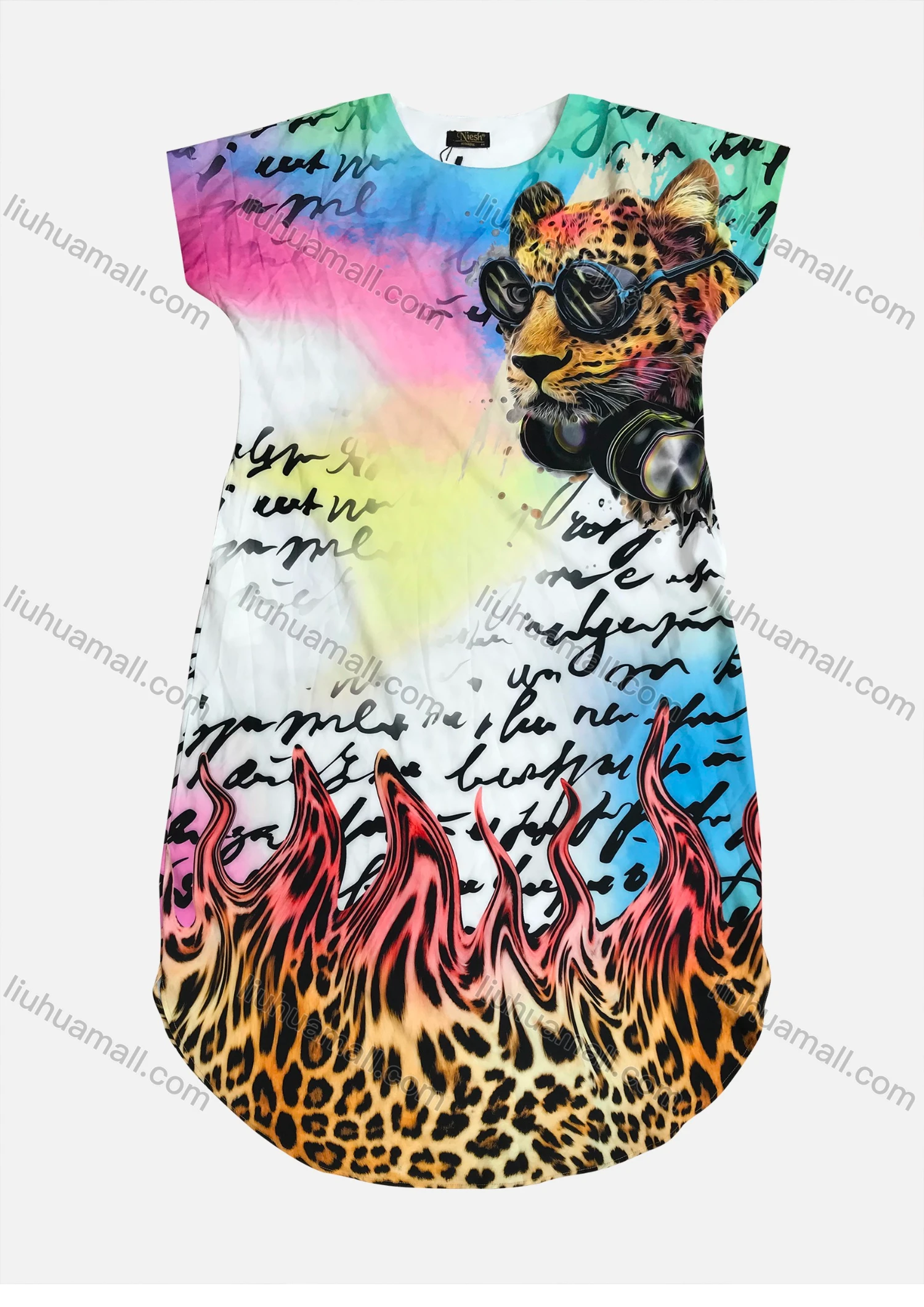 Wholesale Women's Casual Short Sleeve Poster Graphic Short Sleeve Curved Hem Short Tee Dress 1633-3485# - Liuhuamall