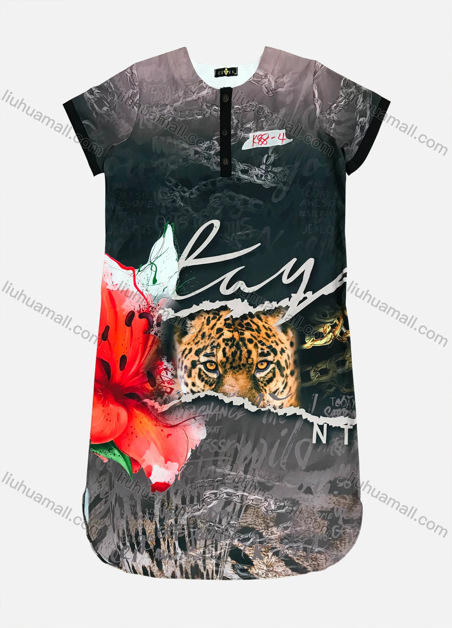 Wholesale Women's Casual Flower Leopard Pattern Short Sleeve Short Tee Dress - Liuhuamall