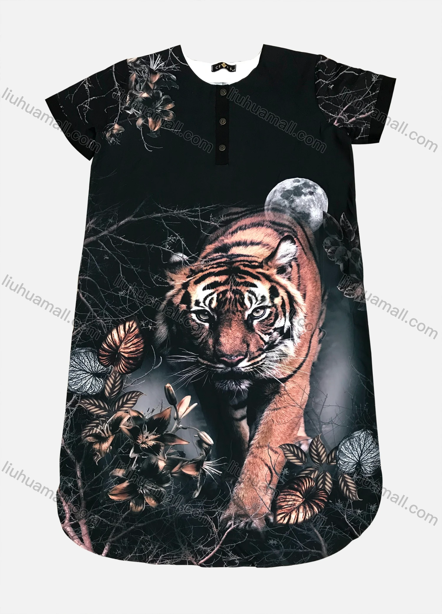 Wholesale Women's Round Neck Buttion Front Tigher Leaves Print Scalloped Hem Short Tee Dress 1633-2776# - Liuhuamall