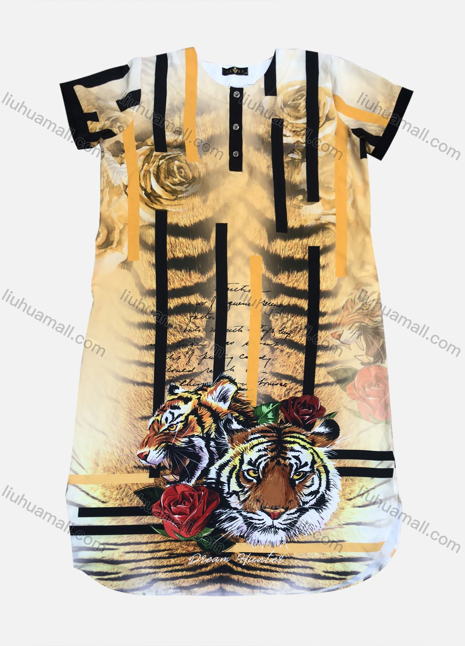 Wholesale Women's Casual Button Front Tiger Pattern Scalloped Hem Sjort Tee Dress 1633-9746# - Liuhuamall