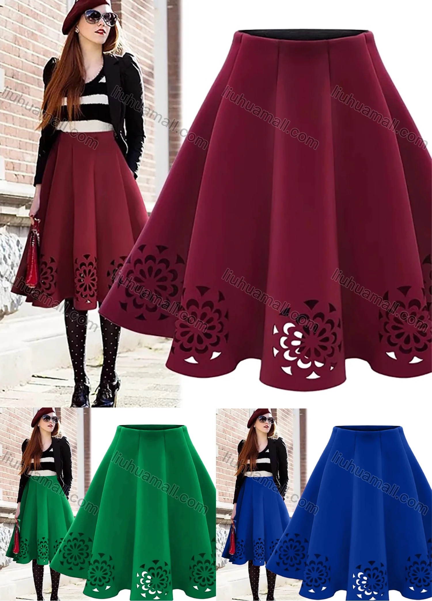 Wholesale Women's Casual High Waist Ruffle Hem Hollow Out Skirts - Liuhuamall