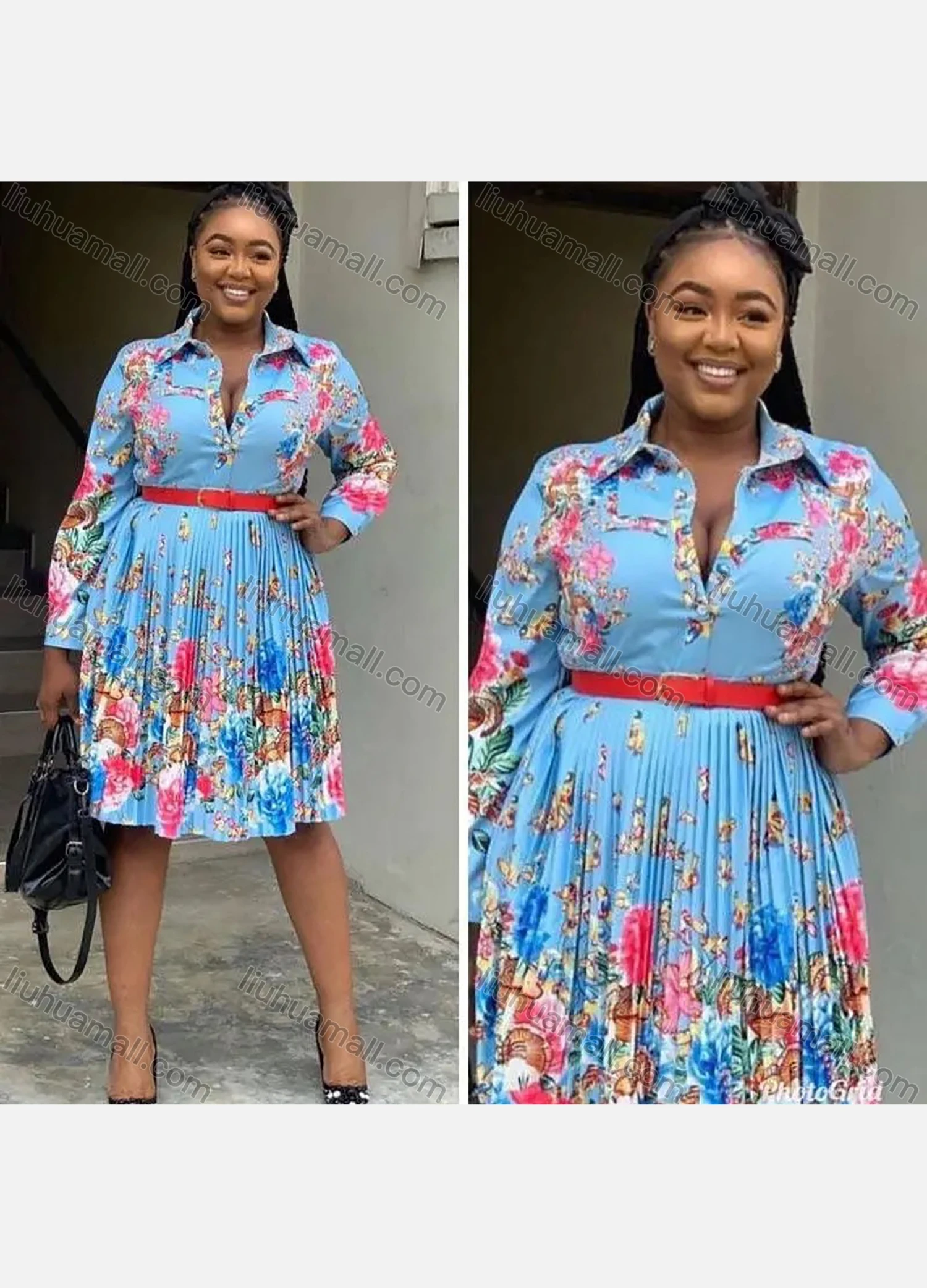 Wholesale Women's Button Front Ditsy Floral Print Long Sleeve Pleated Hem Knee Length Shirt Dress With Belt - Liuhuamall