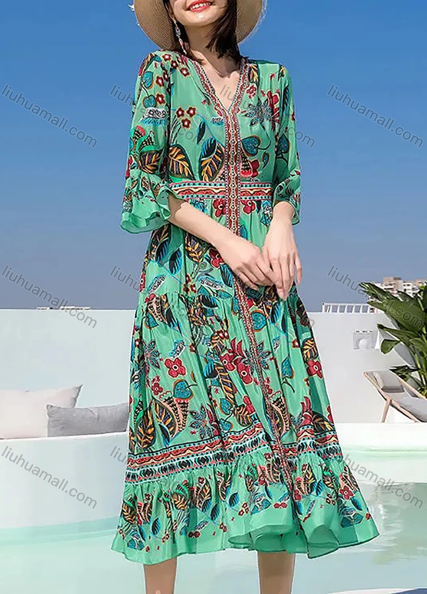 Wholesale Women's Casual V Neck Half Sleeve Floral Print Ruffle Hem Midi Dress 1633-3511# - Liuhuamall