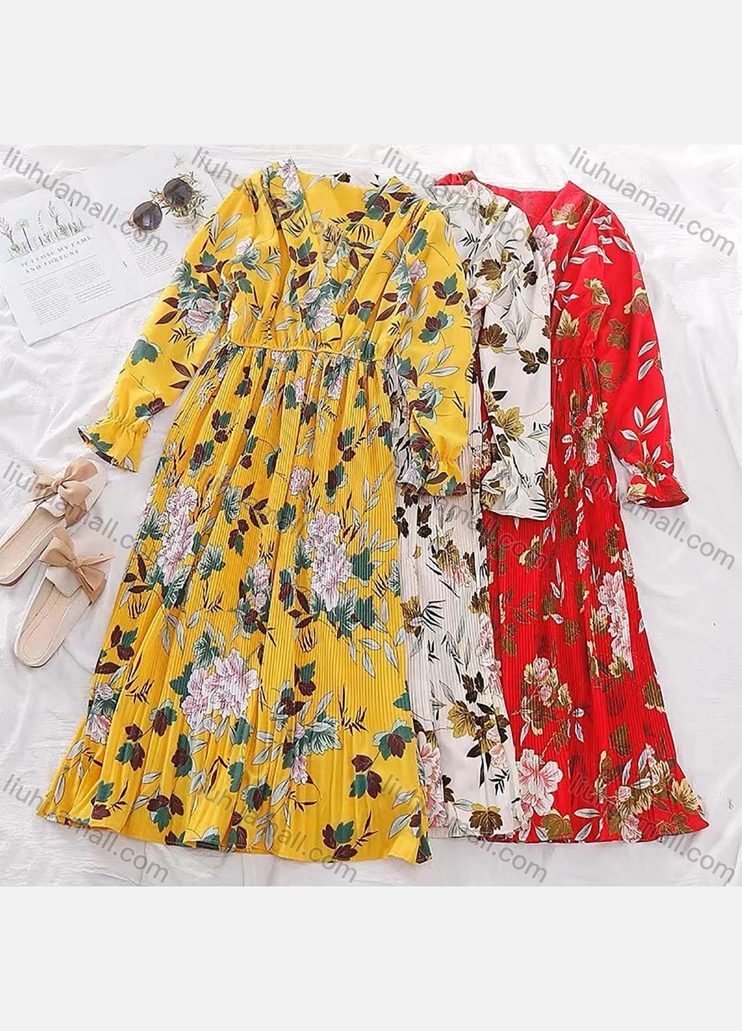 Wholesale Women's Ruffle Ditsy Floral Print Wrap V Neck Shirred Long Sleeve Maxi Dress 1633-4652# - Liuhuamall