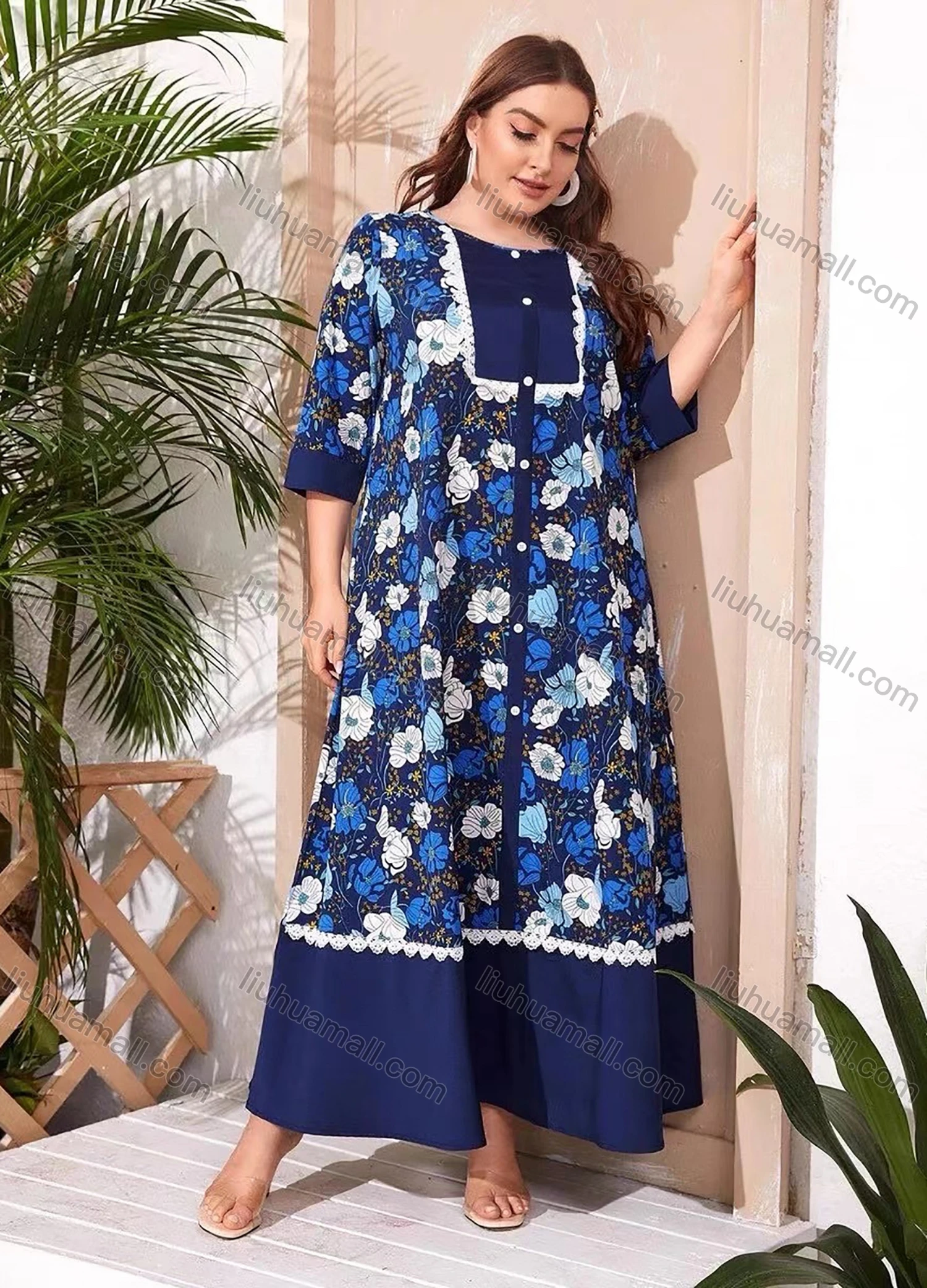 Wholesale Women's Button Up Split Floral Print Flowy Lace Trim Maxi Dress 1633-1542# - Liuhuamall