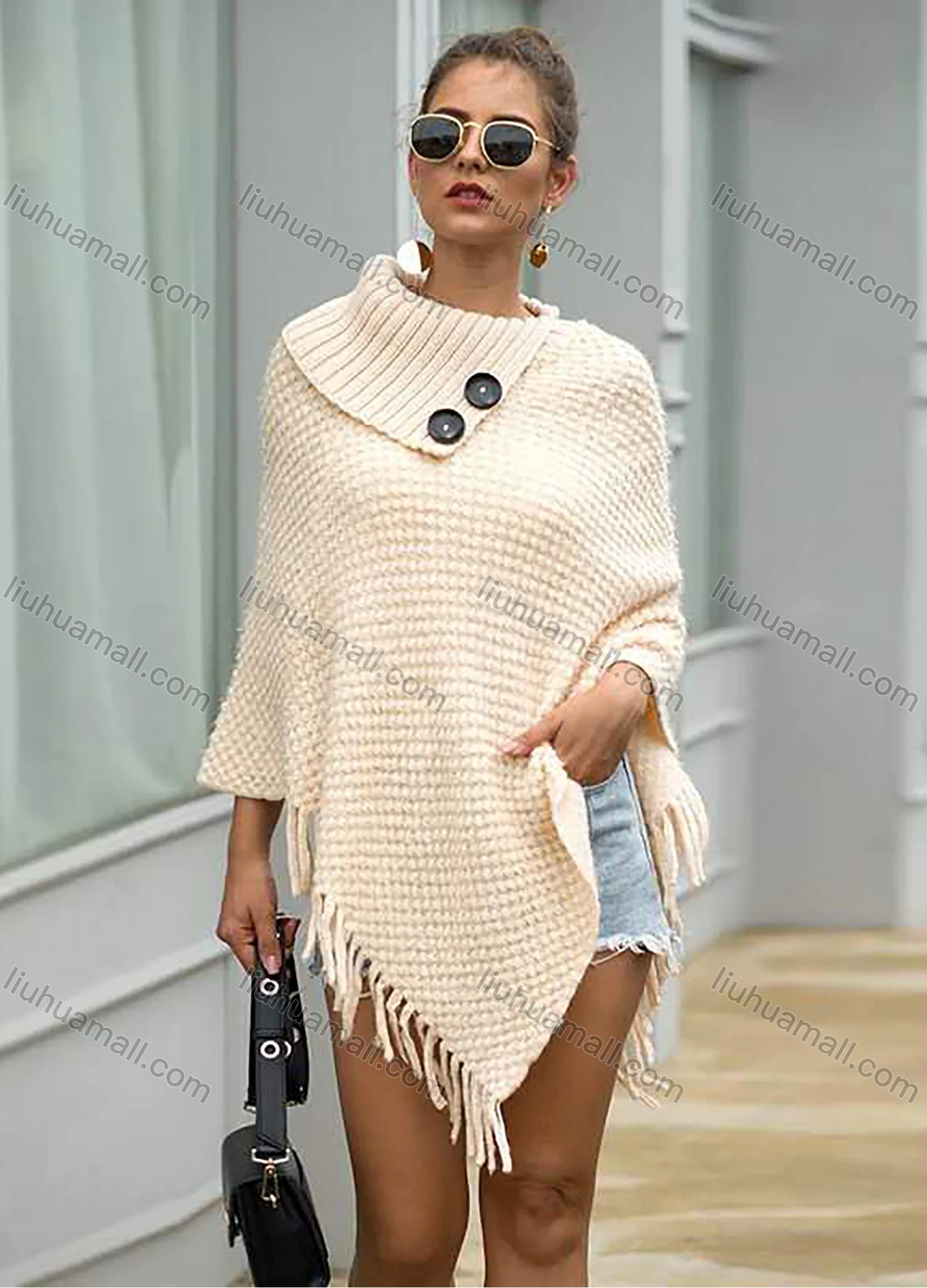 Wholesale Women's 3/4 Sleeve Round Neck Button Decor Fringe Trim Knit Cape - Liuhuamall