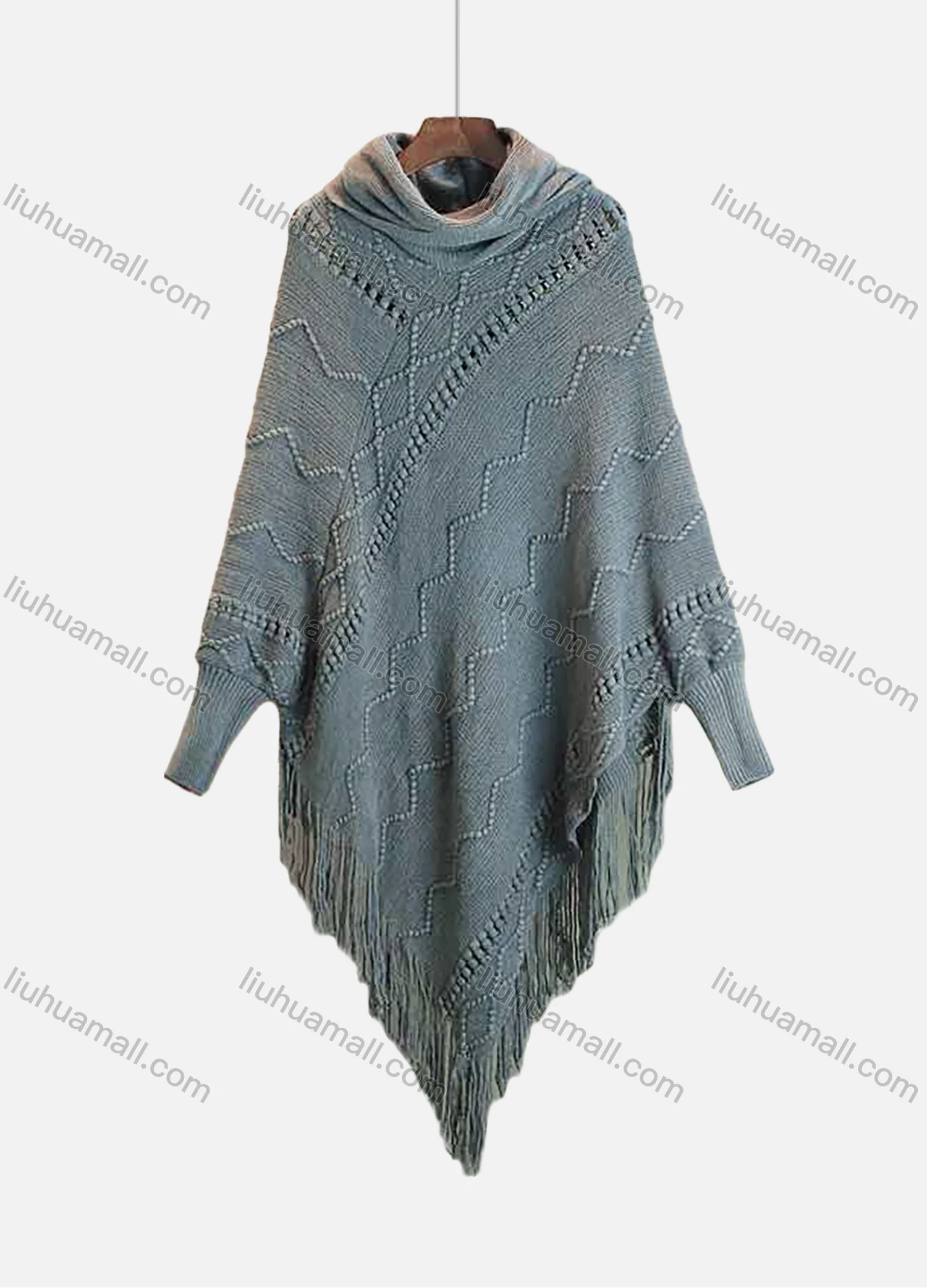 Wholesale Women's Casual Lantern Sleeve Fringe Trim Plain Knit Poncho - Liuhuamall
