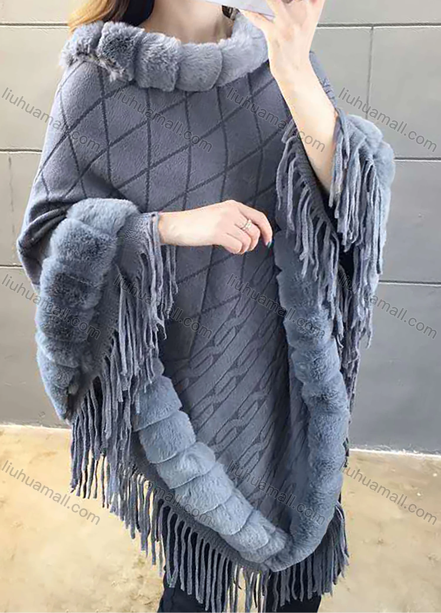 Wholesale Women's Casual Batwing Sleeve Round Neck Fringe Trim Cape - Liuhuamall