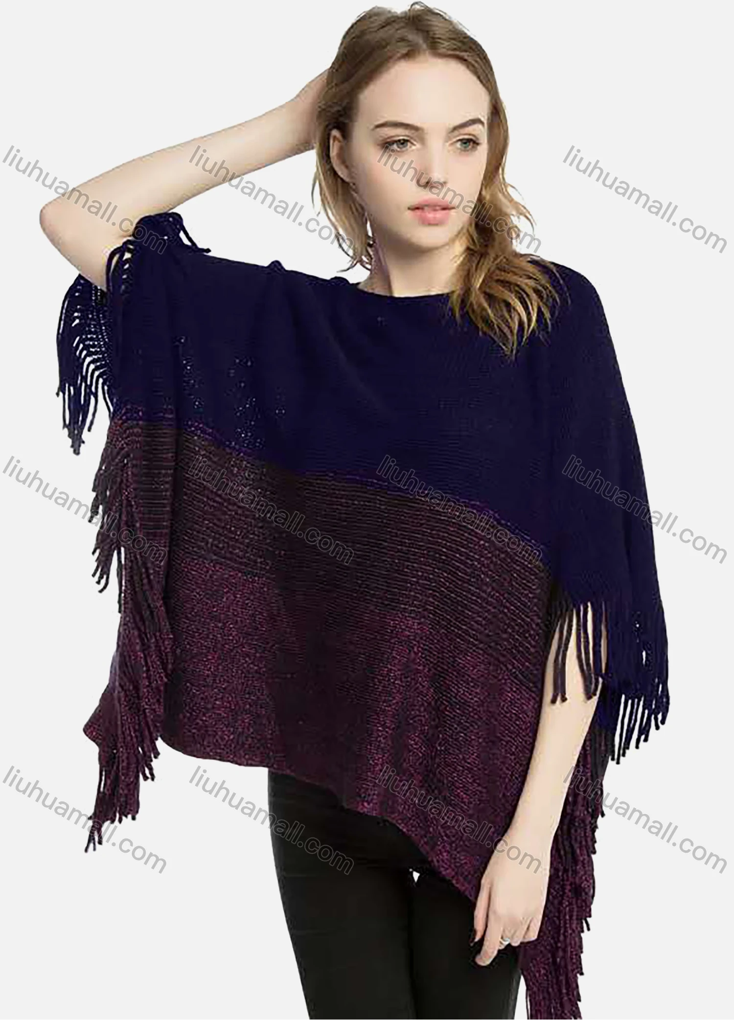 Wholesale Women's Batwing Sleeve Round Neck Fringe Trim Colorblock Cape - Liuhuamall