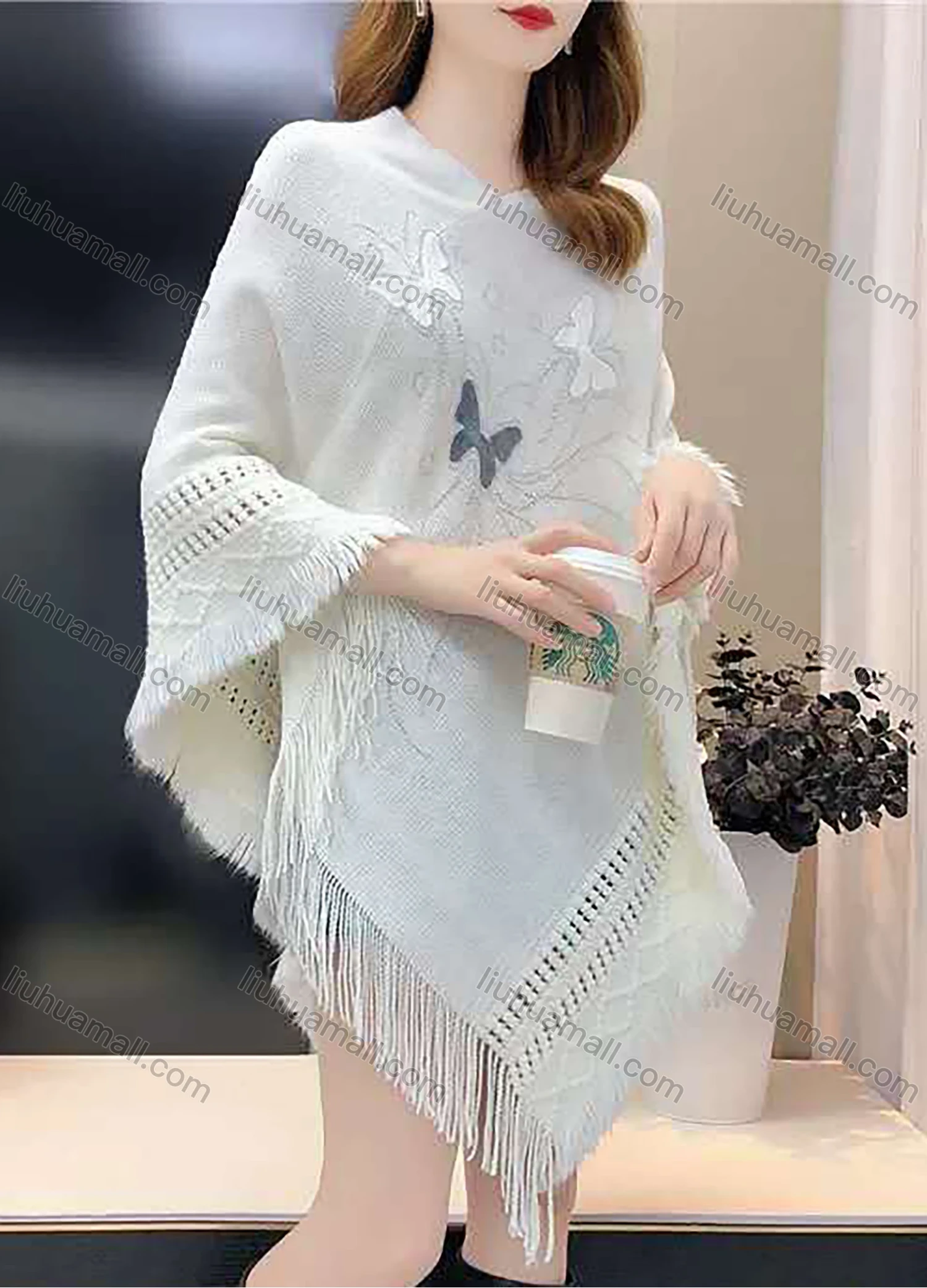 Wholesale Women's Casual Batwing Sleeve Butterfly Print Fringe Trim Cape - Liuhuamall