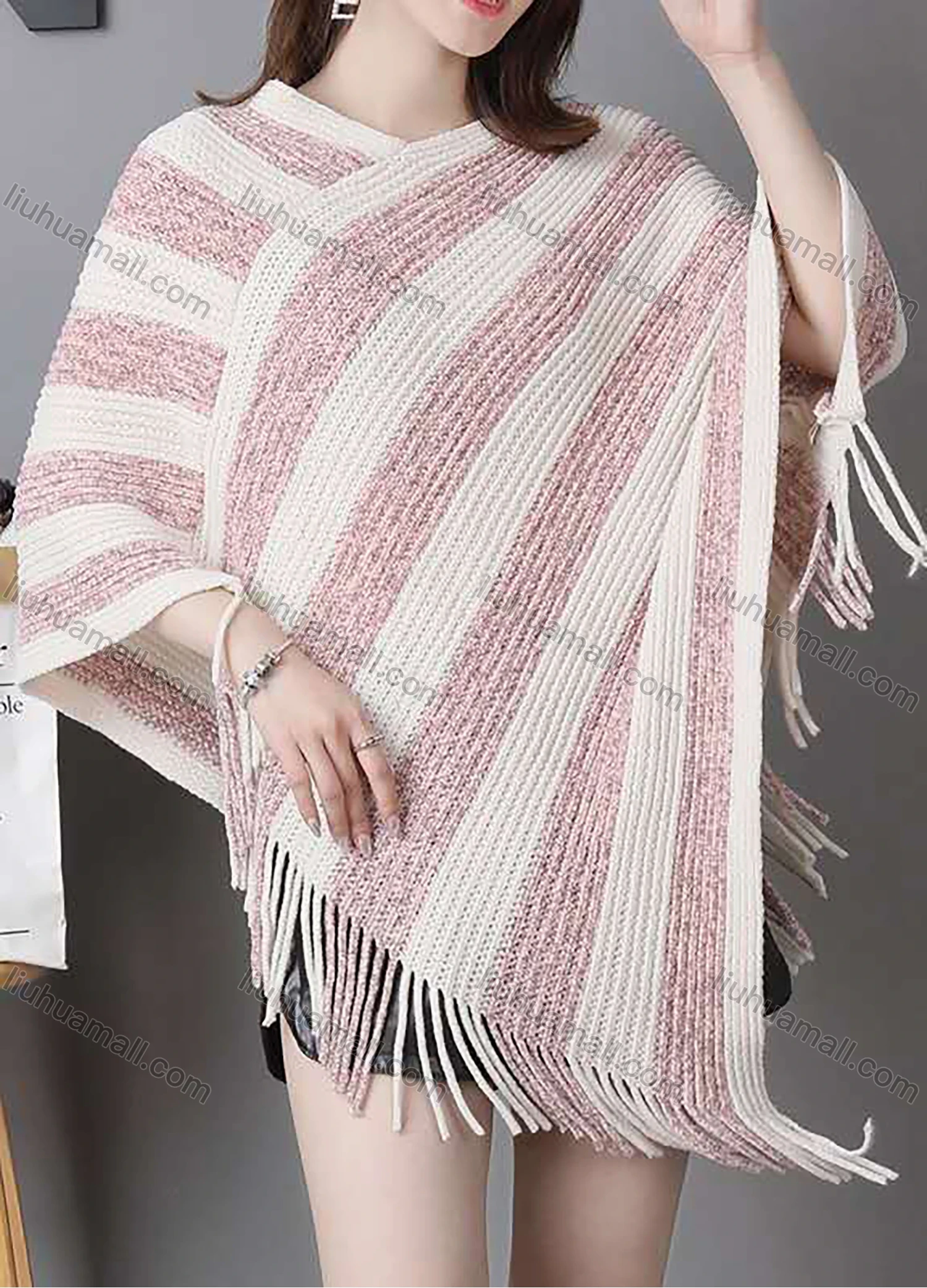 Wholesale Women's Casual Wrap Batwing Sleeve Fringe Trim Striped Cape - Liuhuamall