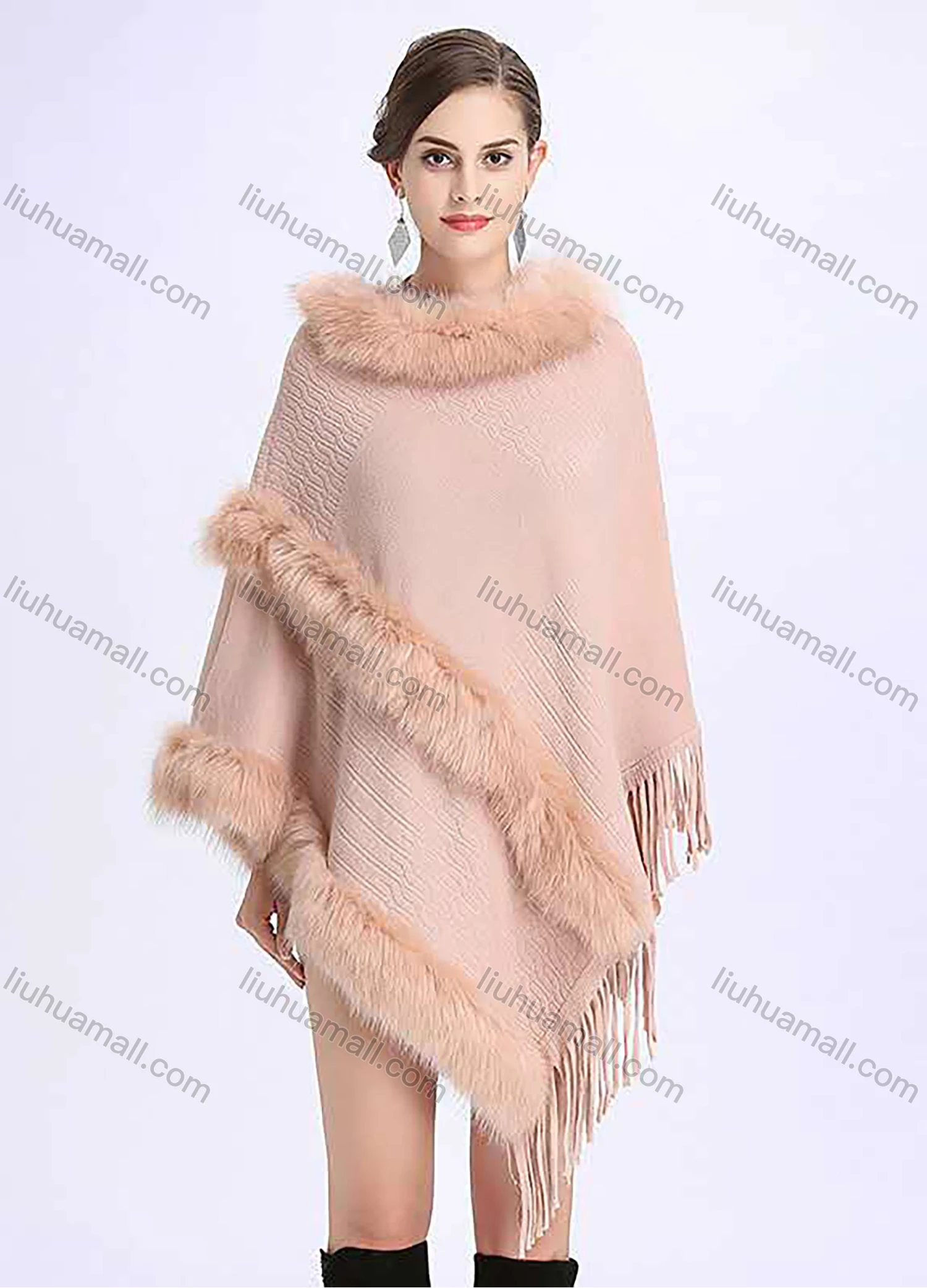 Wholesale Women's Casual Batwing Sleeve Fringe Trim Fur Cape - Liuhuamall