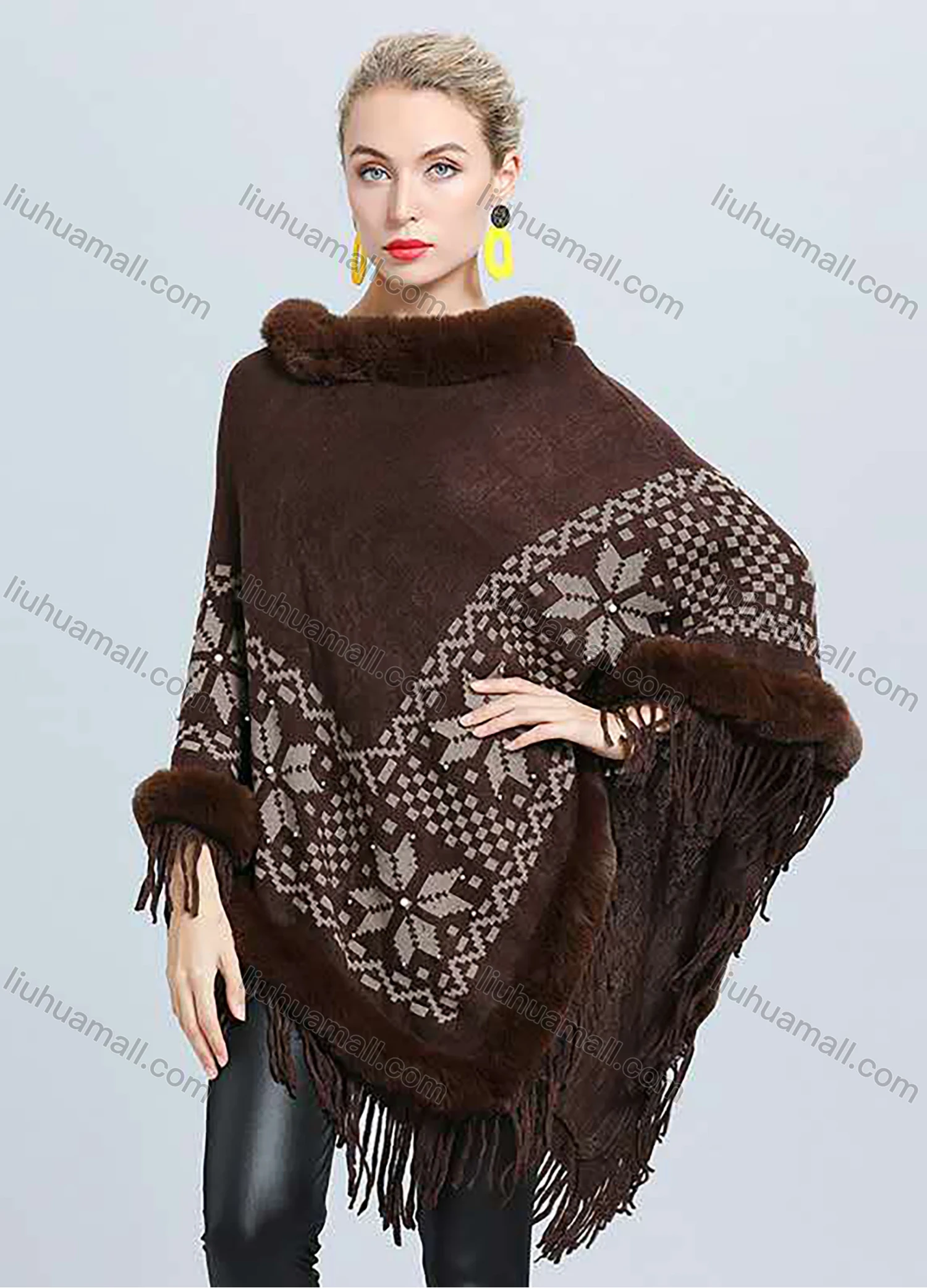 Wholesale Women's Casual Batwing Sleeve Vintage Print Fringe Trim Poncho - Liuhuamall