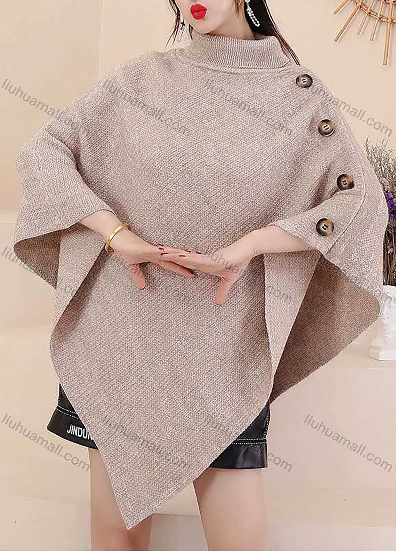 Wholesale Women's Casual Batwing Sleeve Turtleneck Button Decor Poncho - Liuhuamall
