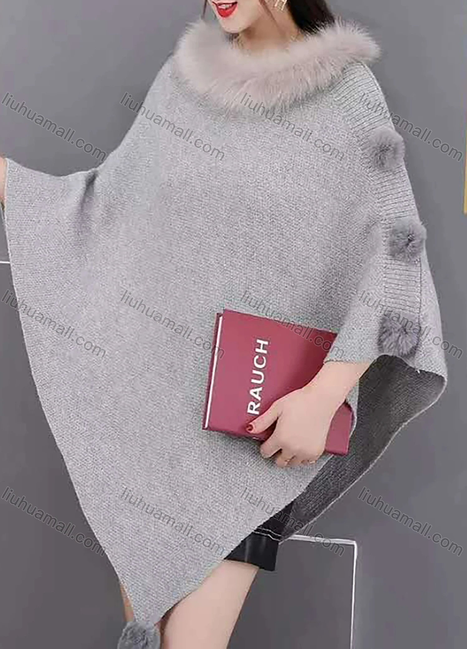 Wholesale Women's Casual Casual Batwing Sleeve Plain Pom Pom Poncho - Liuhuamall
