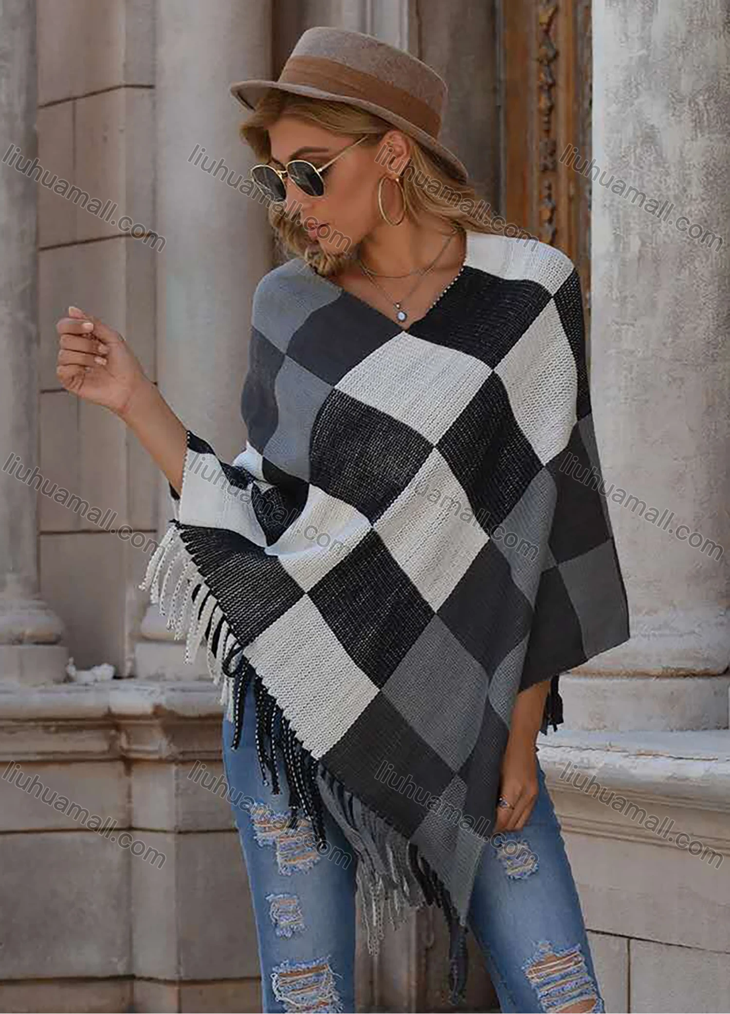 Wholesale Women's Casual Batwing Sleeve Checkerboard Fringe Trim Poncho - Liuhuamall