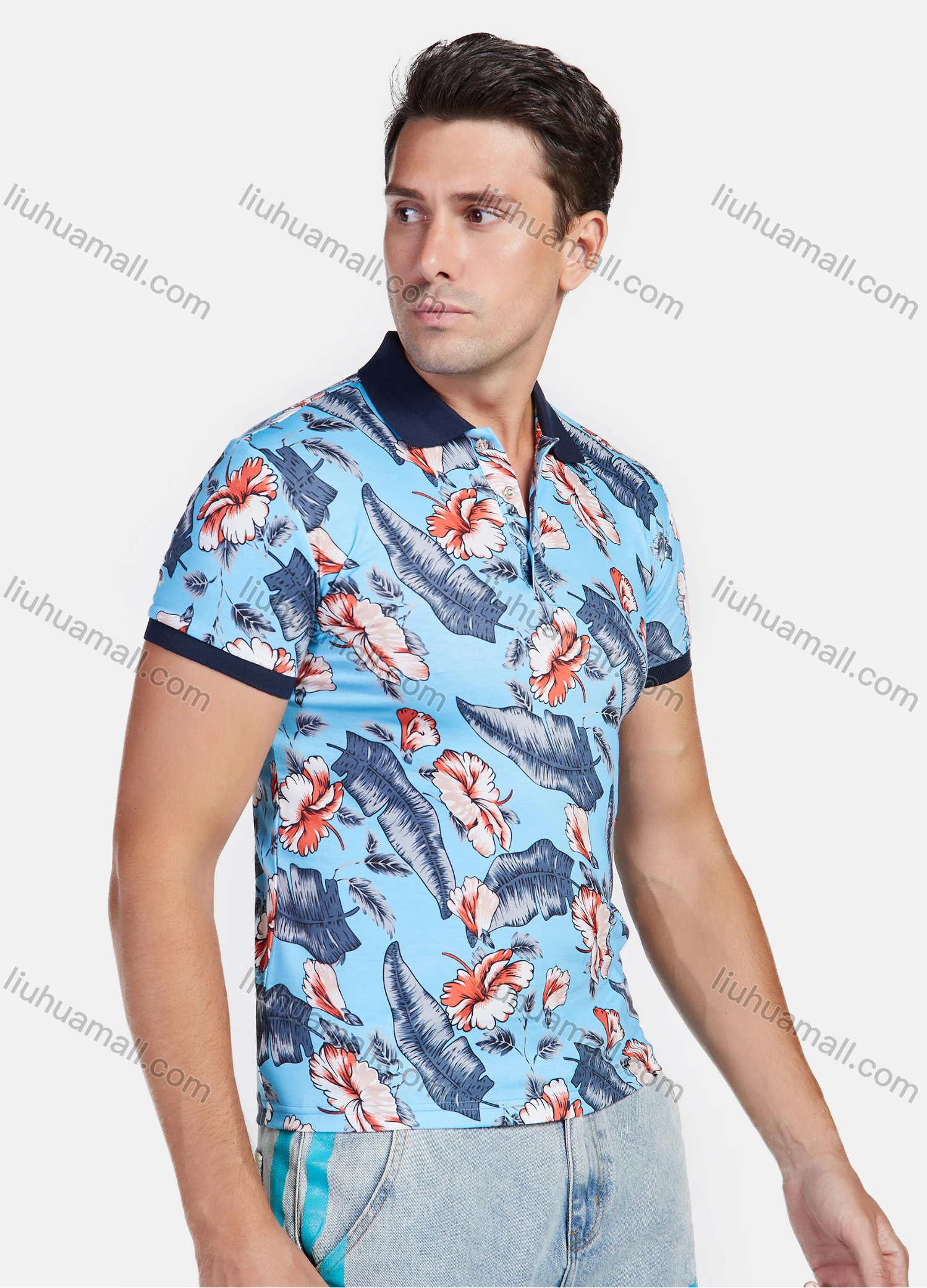 Wholesale Men's Vacation Floral & Leaf Tropical Print Polo Shirt - Liuhuamall