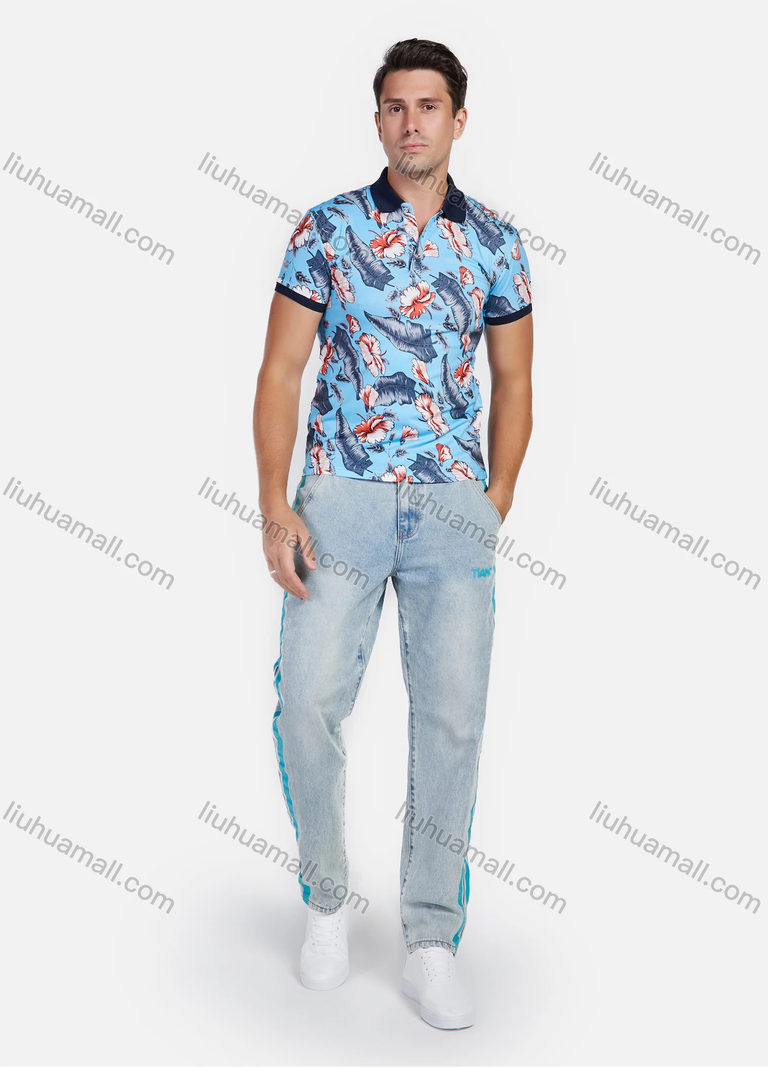 Wholesale Men's Vacation Floral & Leaf Tropical Print Polo Shirt - Liuhuamall