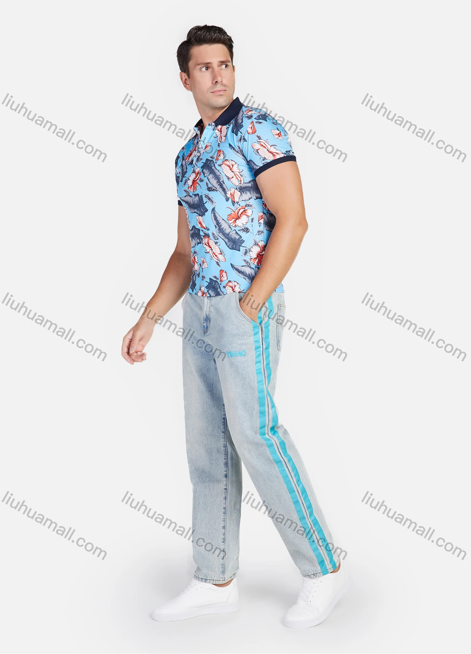 Wholesale Men's Vacation Floral & Leaf Tropical Print Polo Shirt - Liuhuamall