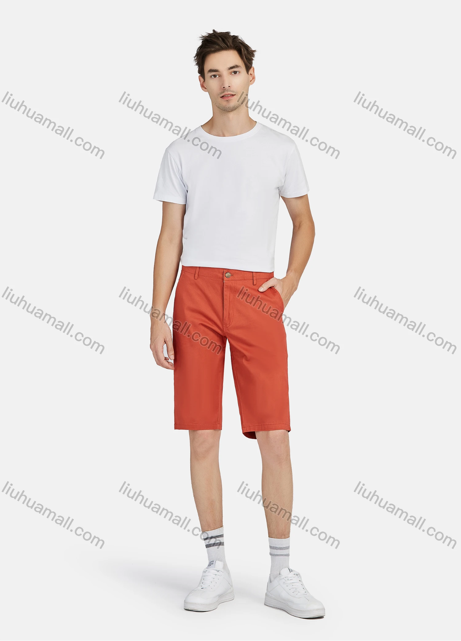 Wholesale Men's 100%Cotton Slant Pocket Zipper Fly Button Plain Casual Shorts 038# - Liuhuamall