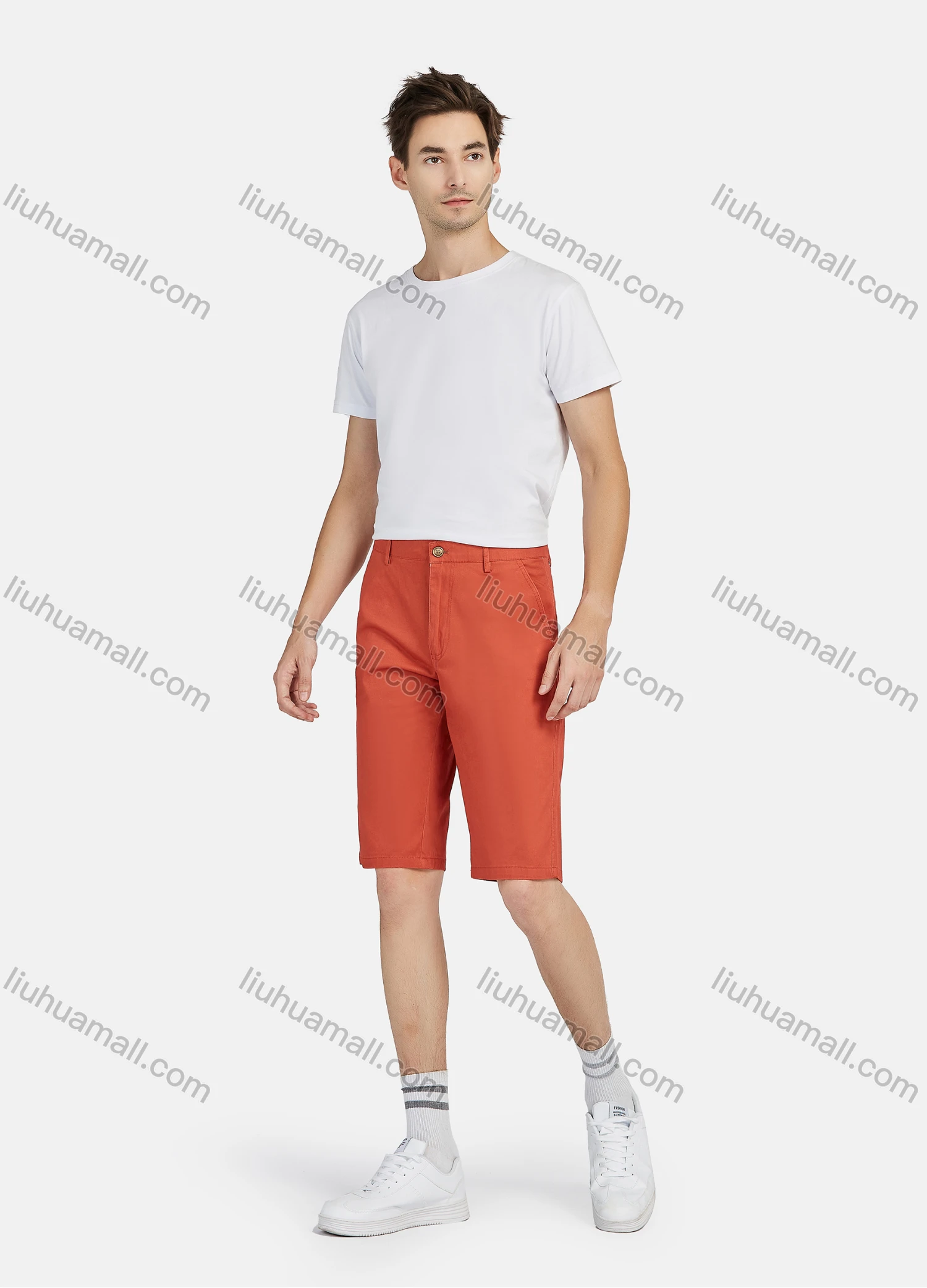 Wholesale Men's 100%Cotton Slant Pocket Zipper Fly Button Plain Casual Shorts 038# - Liuhuamall
