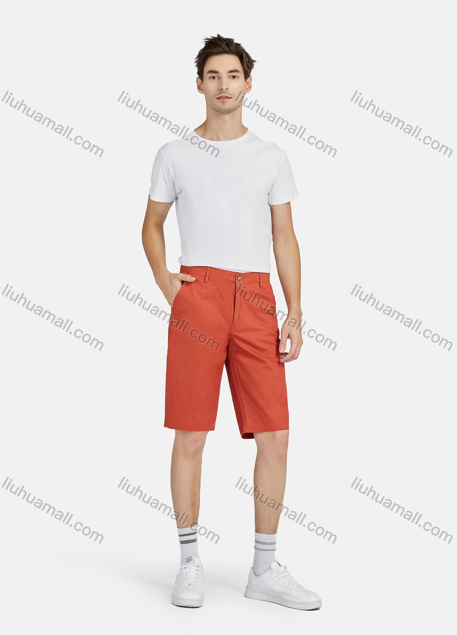 Wholesale Men's 100%Cotton Slant Pocket Zipper Fly Button Plain Casual Shorts 038# - Liuhuamall