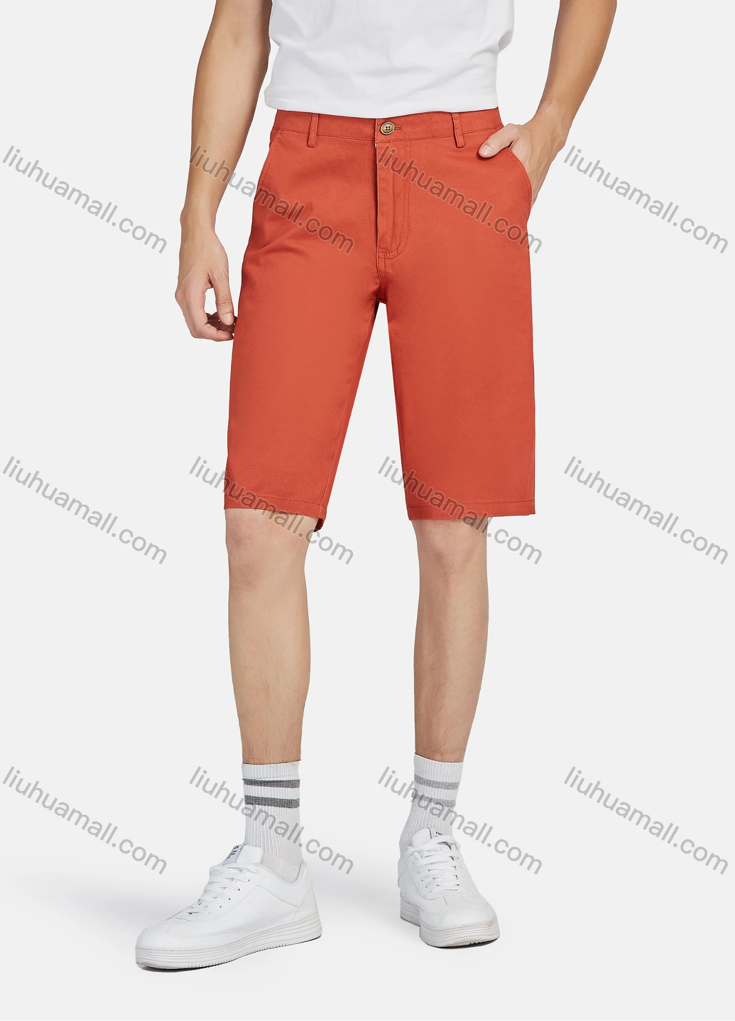 Wholesale Men's 100%Cotton Slant Pocket Zipper Fly Button Plain Casual Shorts 038# - Liuhuamall
