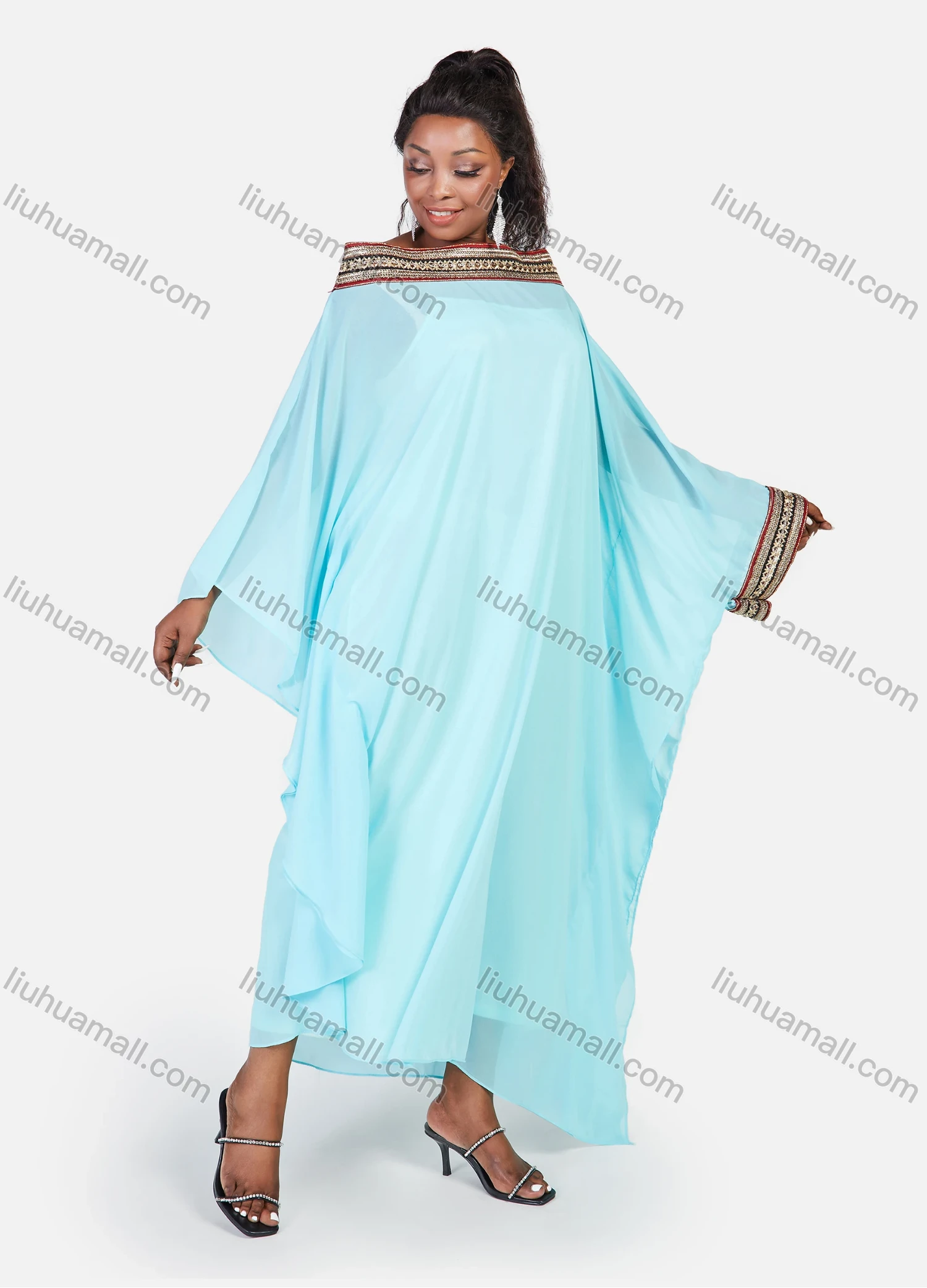 Wholesale Women's African Batwing Chiffon Embroidery Long Sleeve Oversized Maxi Kaftan Dress - Liuhuamall