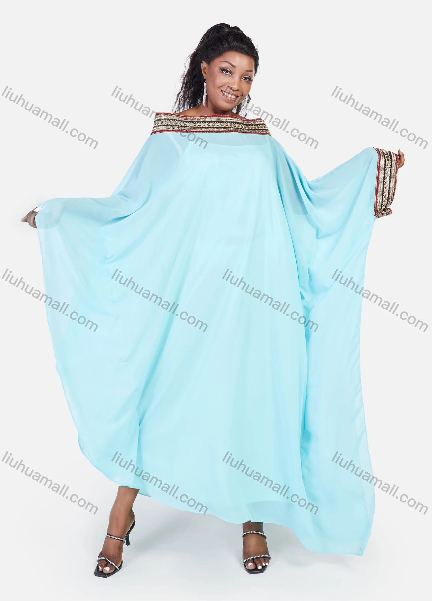 Wholesale Women's African Batwing Chiffon Embroidery Long Sleeve Oversized Maxi Kaftan Dress - Liuhuamall