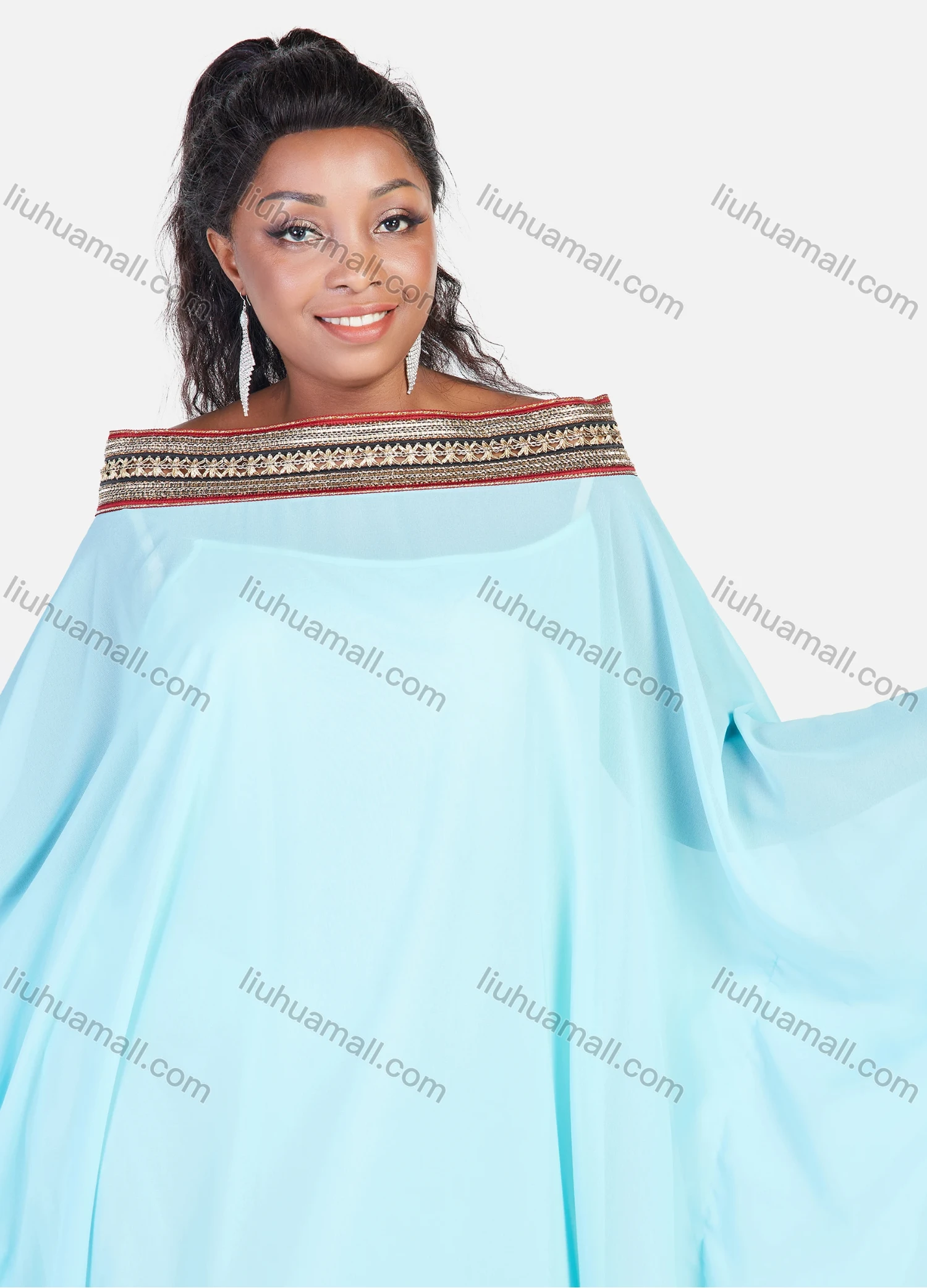 Wholesale Women's African Batwing Chiffon Embroidery Long Sleeve Oversized Maxi Kaftan Dress - Liuhuamall