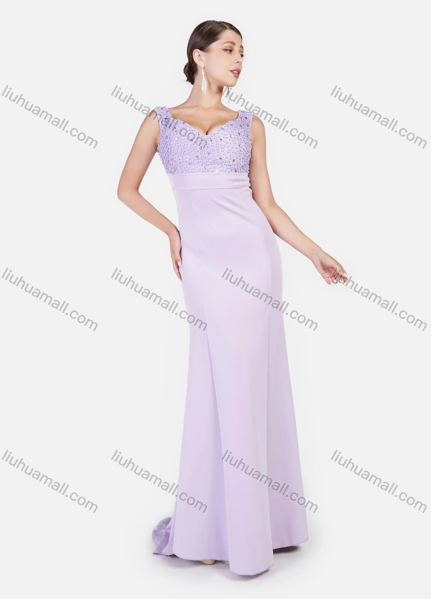 Wholesale Women's Elegant Plain Straps Sleeveless Splicing Guipure Lace Rhinestone Pearl Decor Evening Dress - Liuhuamall