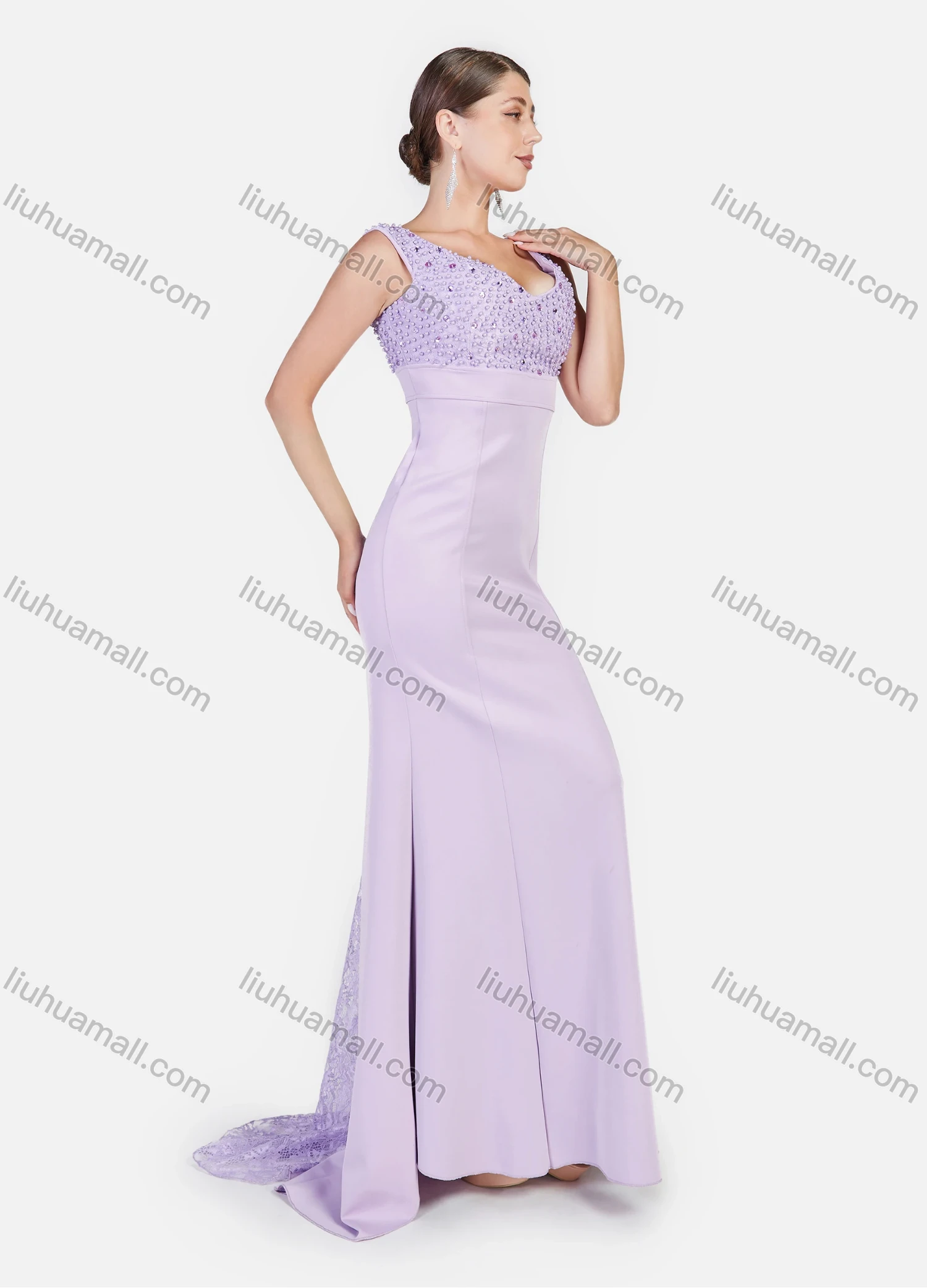Wholesale Women's Elegant Plain Straps Sleeveless Splicing Guipure Lace Rhinestone Pearl Decor Evening Dress - Liuhuamall