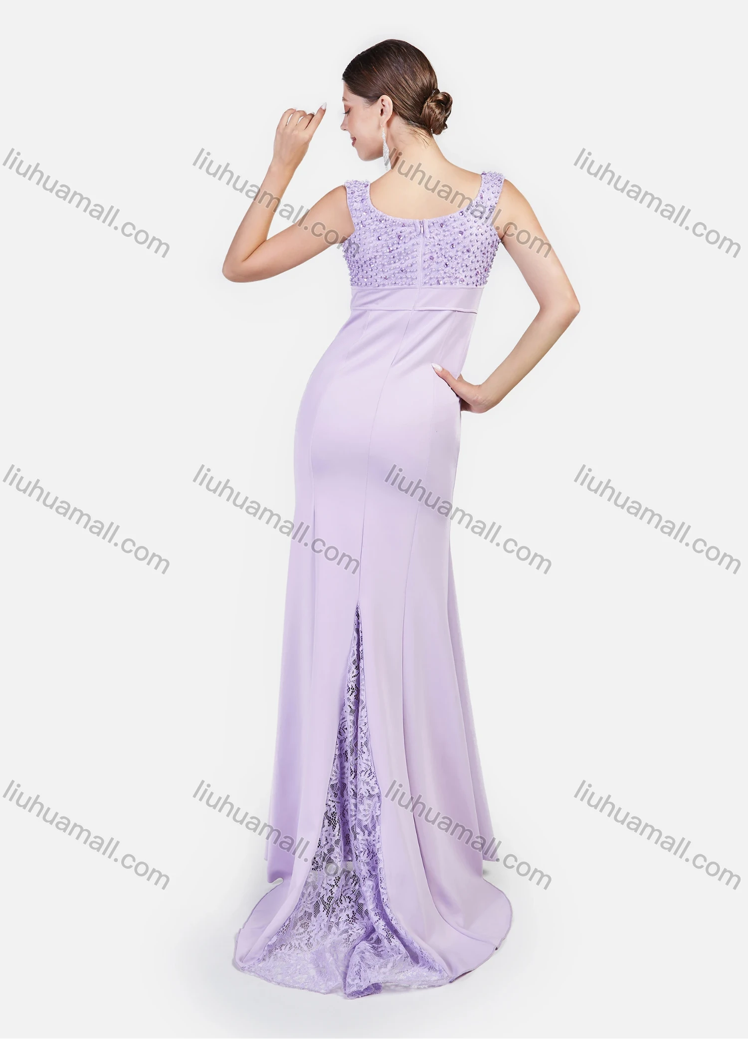 Wholesale Women's Elegant Plain Straps Sleeveless Splicing Guipure Lace Rhinestone Pearl Decor Evening Dress - Liuhuamall