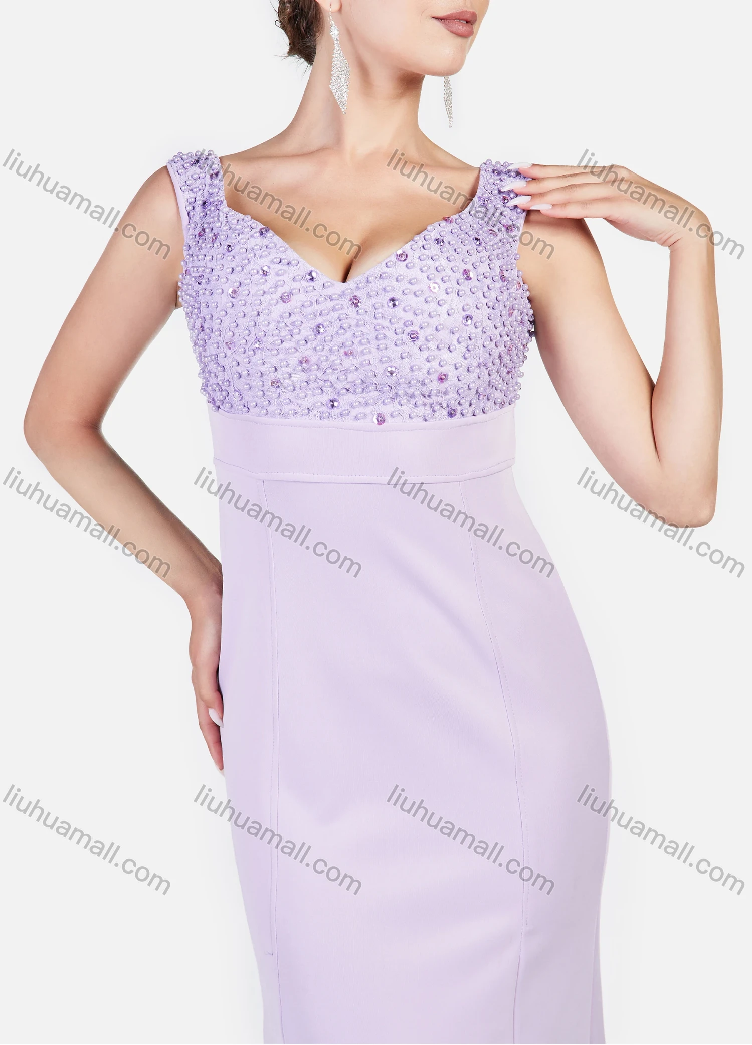 Wholesale Women's Elegant Plain Straps Sleeveless Splicing Guipure Lace Rhinestone Pearl Decor Evening Dress - Liuhuamall