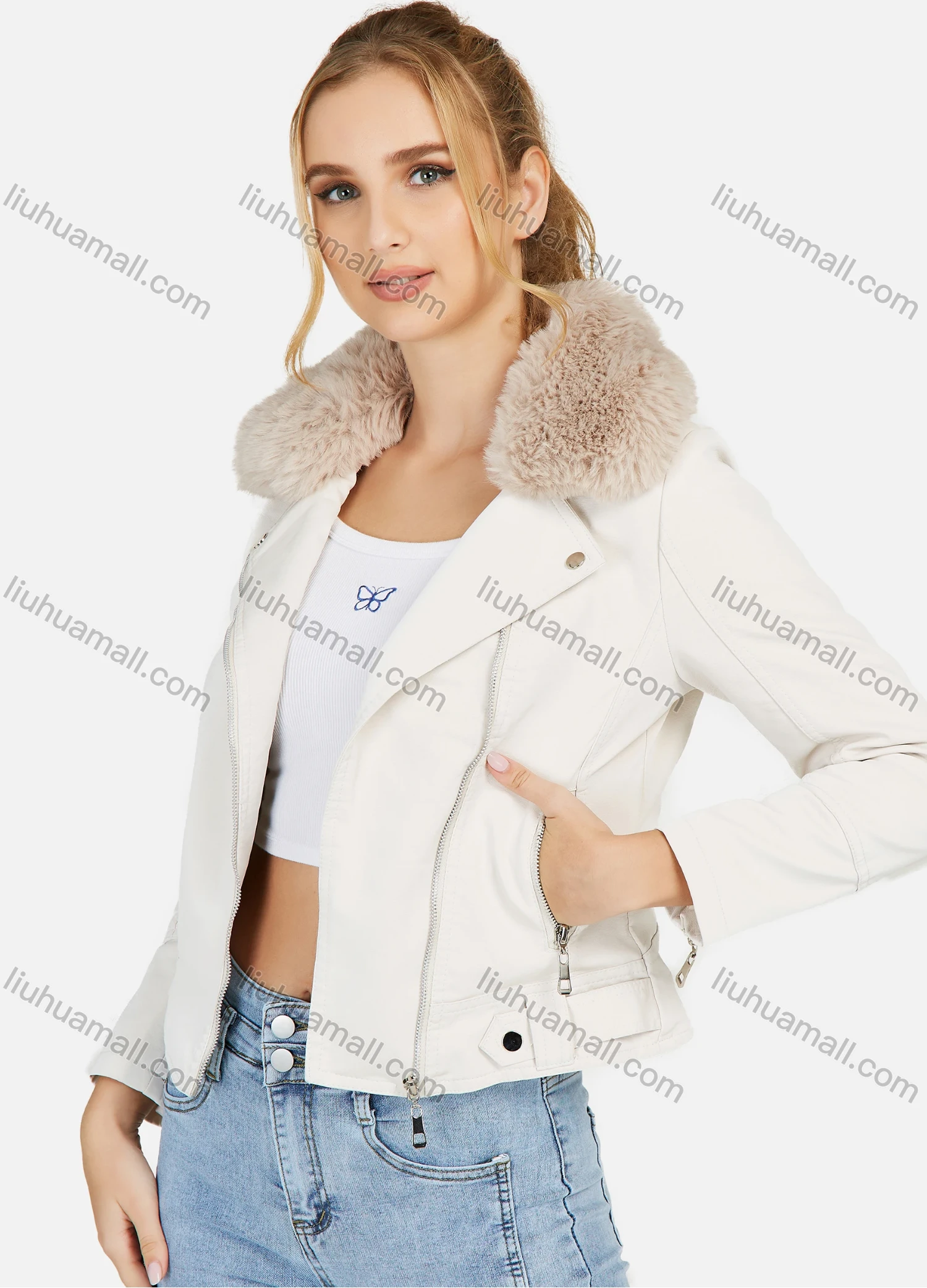 Wholesale Women's Faux Fur Lapel Zip Up Pockets Crop Leather Jacket - Liuhuamall