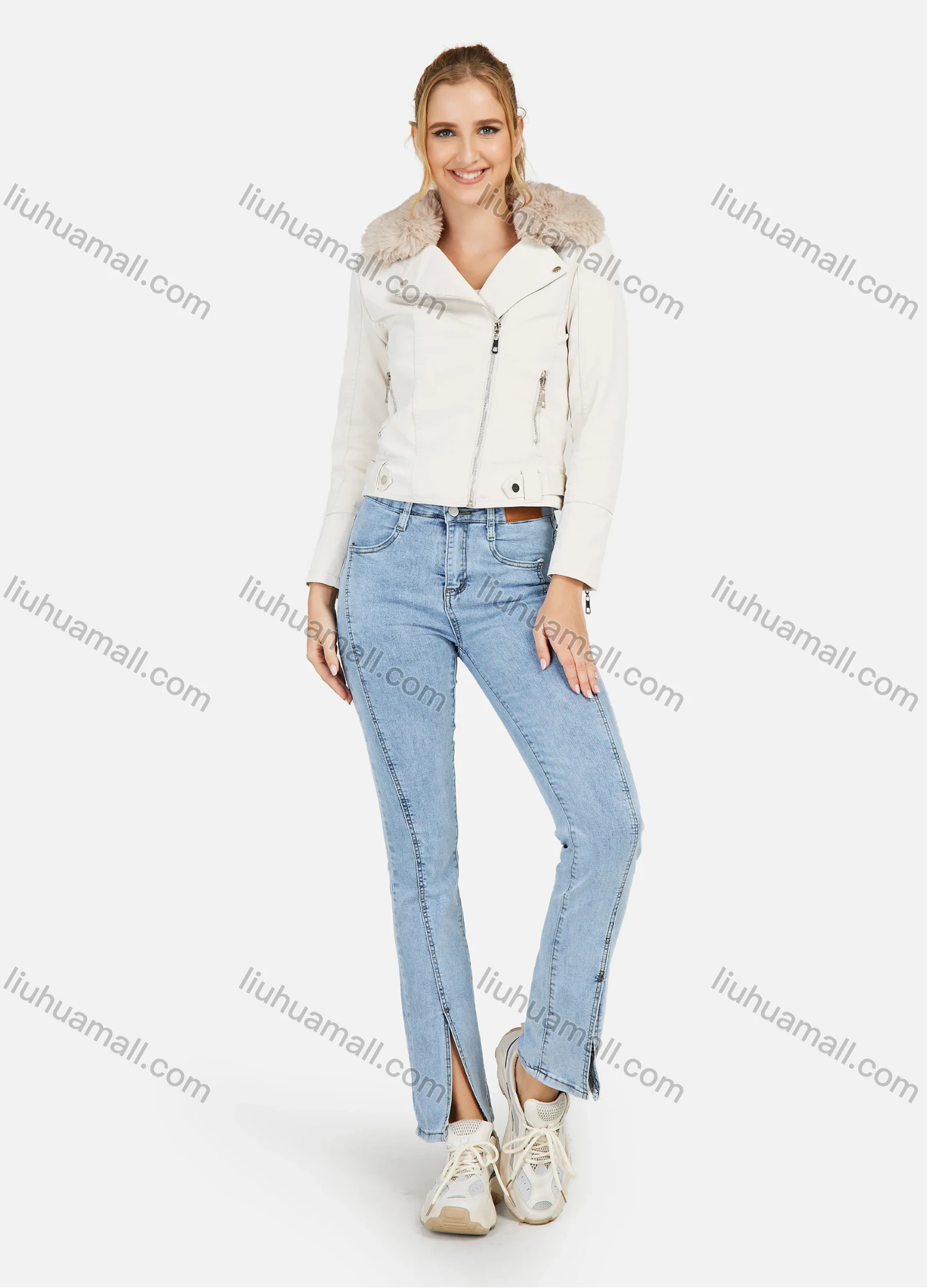 Wholesale Women's Faux Fur Lapel Zip Up Pockets Crop Leather Jacket - Liuhuamall