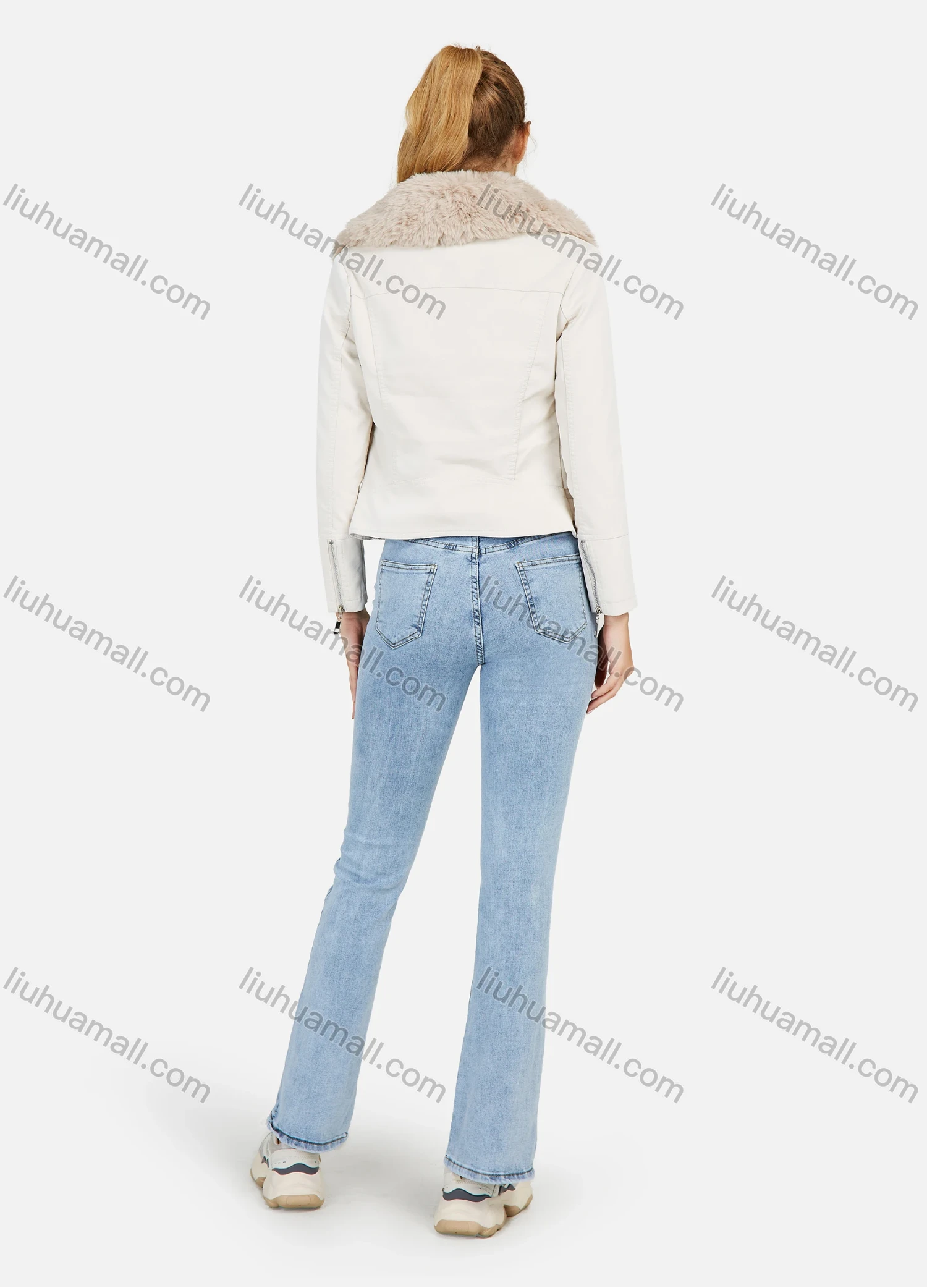 Wholesale Women's Faux Fur Lapel Zip Up Pockets Crop Leather Jacket - Liuhuamall