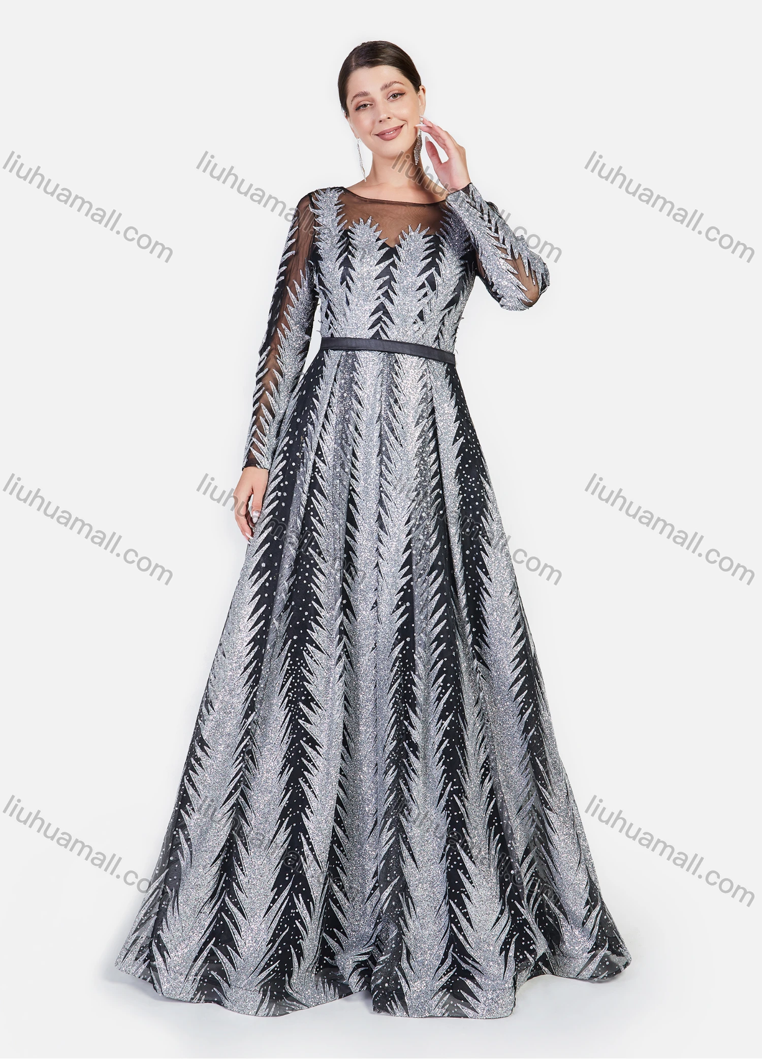 Wholesale Women's Glamorous High Waist Mesh Glitter All Over Sequin Floor Length Evening Dress - Liuhuamall