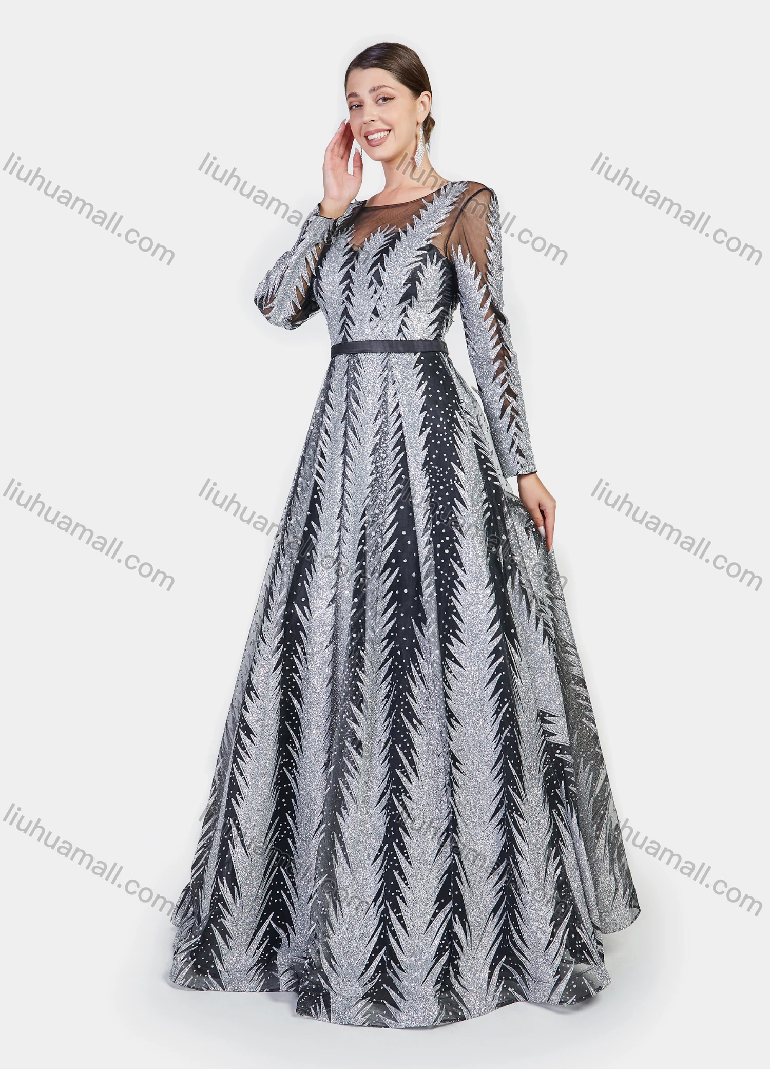 Wholesale Women's Glamorous High Waist Mesh Glitter All Over Sequin Floor Length Evening Dress - Liuhuamall