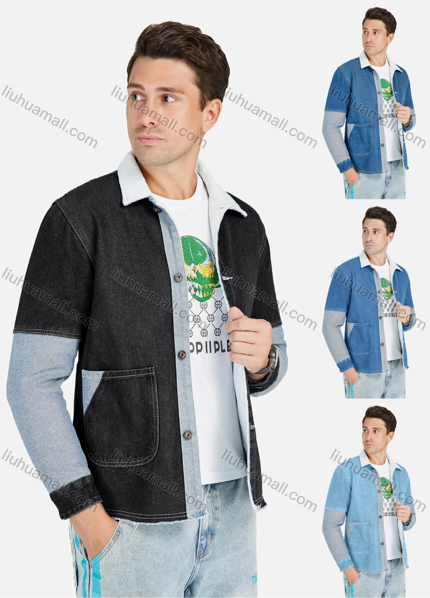 Wholesale Men's Fashion Collared Splicing Dual Pocket Denim Jacket With Patch Pocket - Liuhuamall