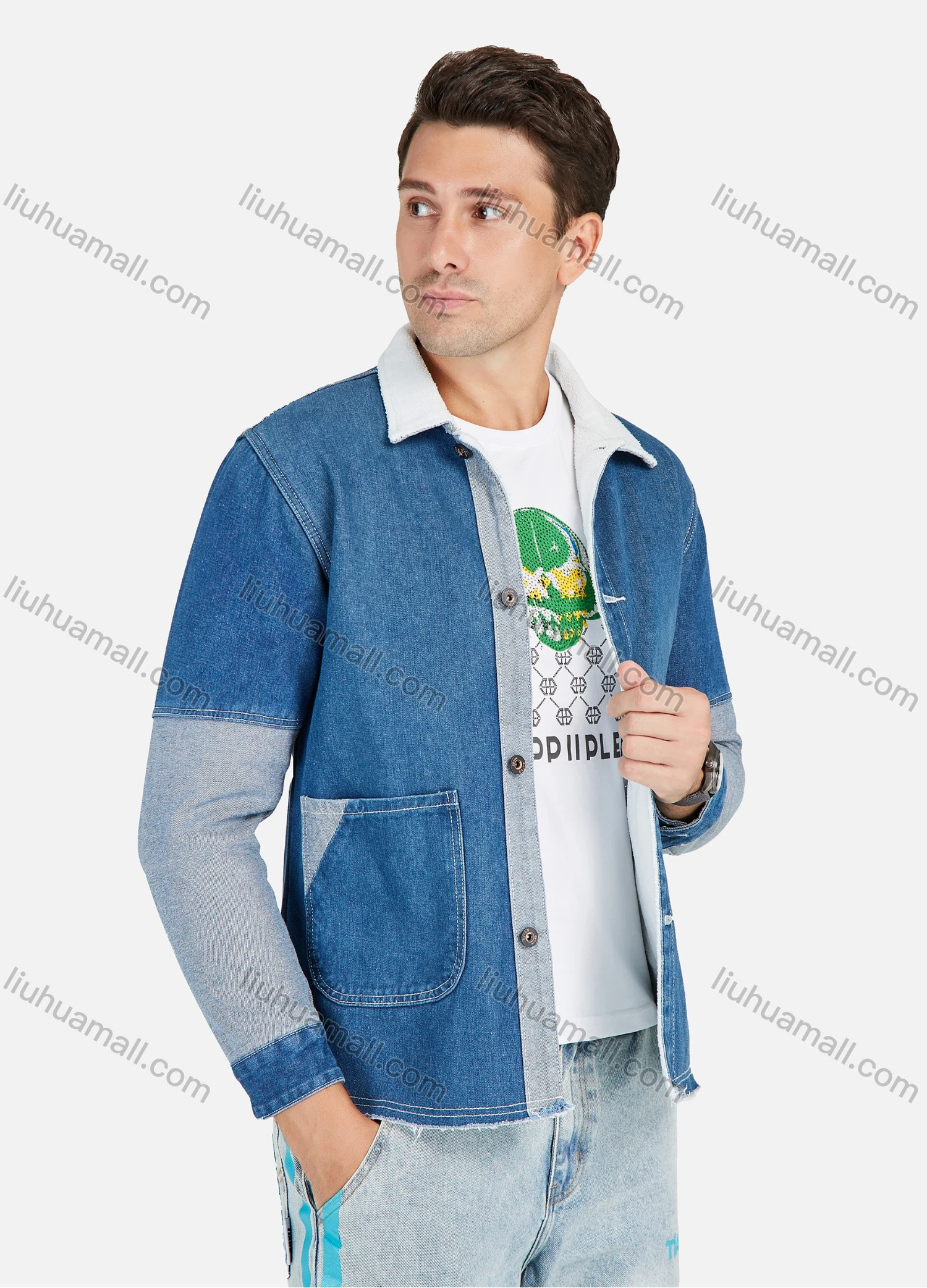 Wholesale Men's Fashion Collared Splicing Dual Pocket Denim Jacket With Patch Pocket - Liuhuamall