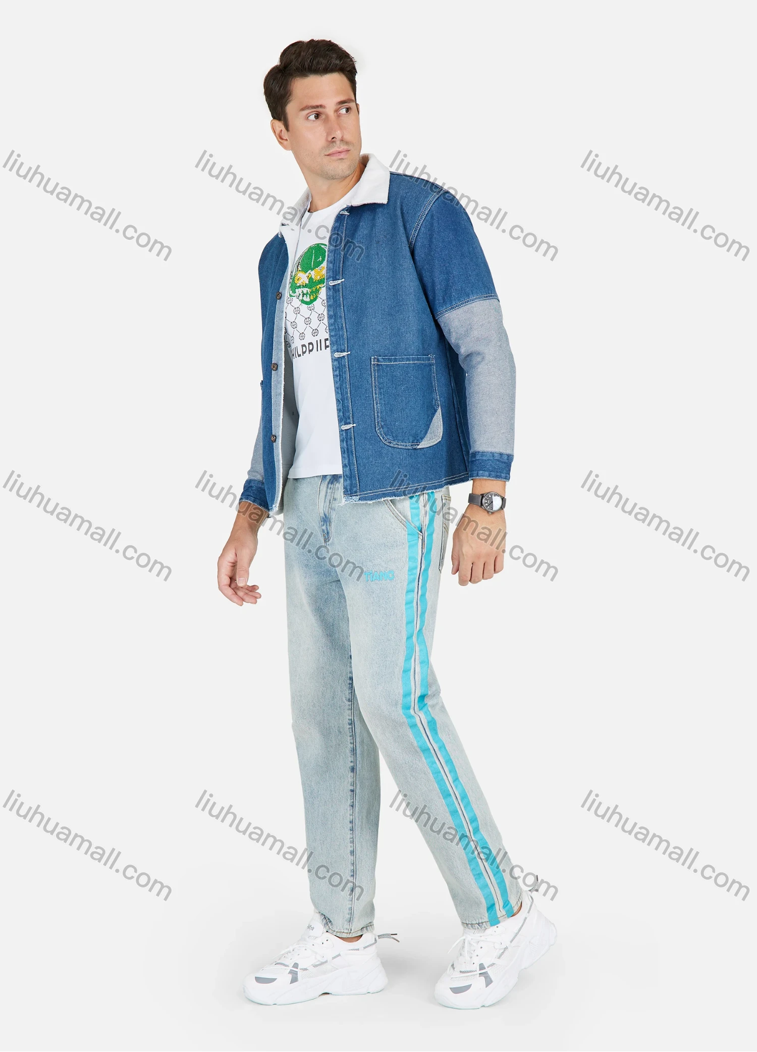 Wholesale Men's Fashion Collared Splicing Dual Pocket Denim Jacket With Patch Pocket - Liuhuamall
