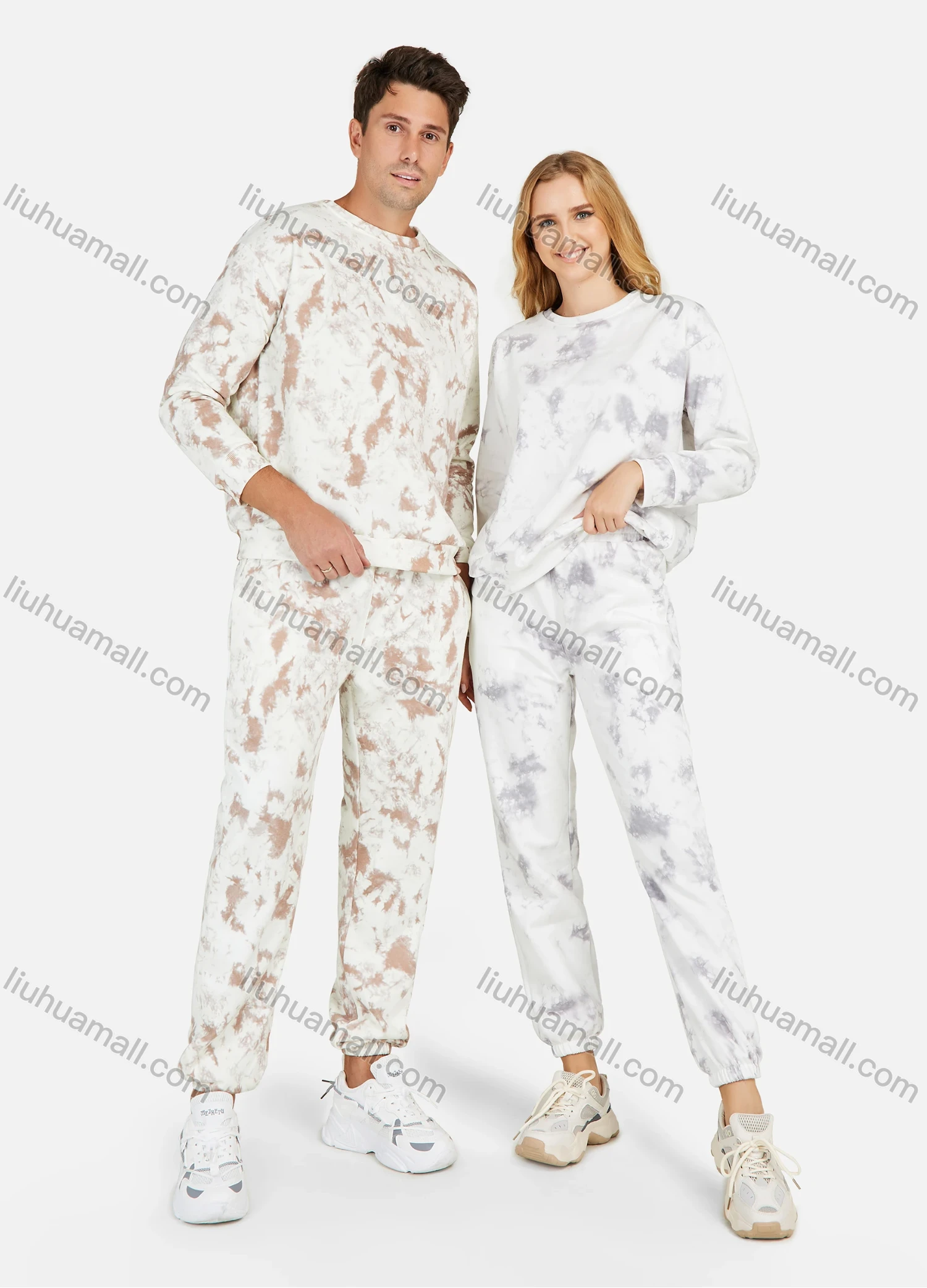 Wholesale Men's Casual Round Neck Long Sleeve Tie Dye Thermal Sweatshirt Unisex 2 Piece Set - Liuhuamall