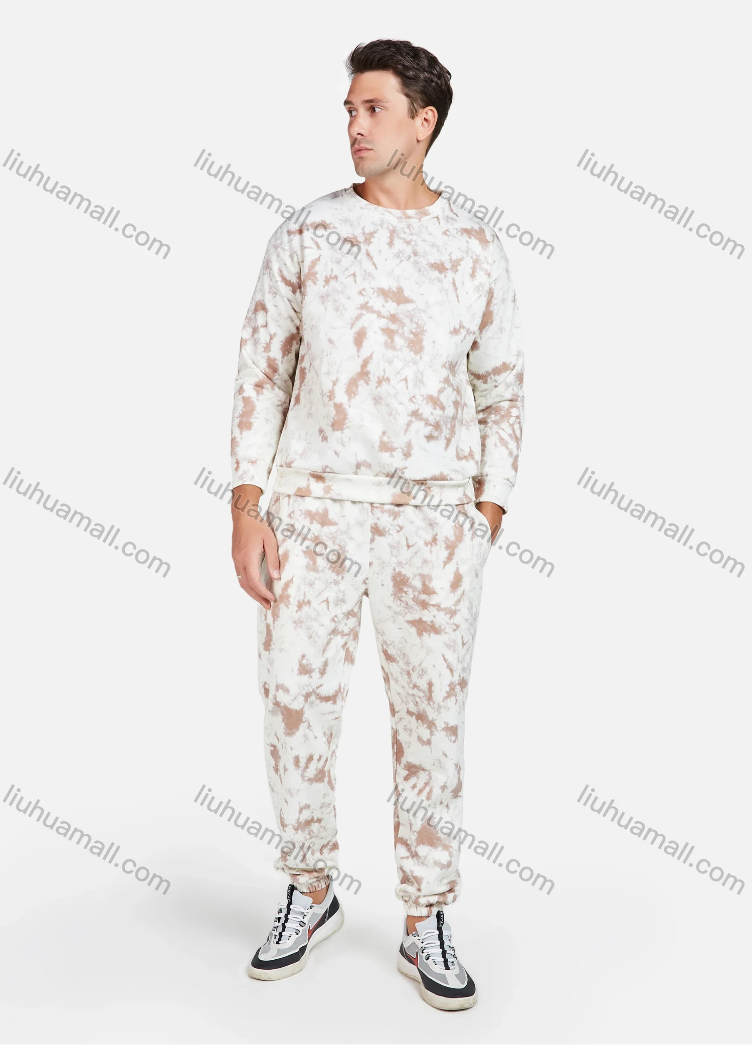 Wholesale Men's Casual Round Neck Long Sleeve Tie Dye Thermal Sweatshirt Unisex 2 Piece Set - Liuhuamall