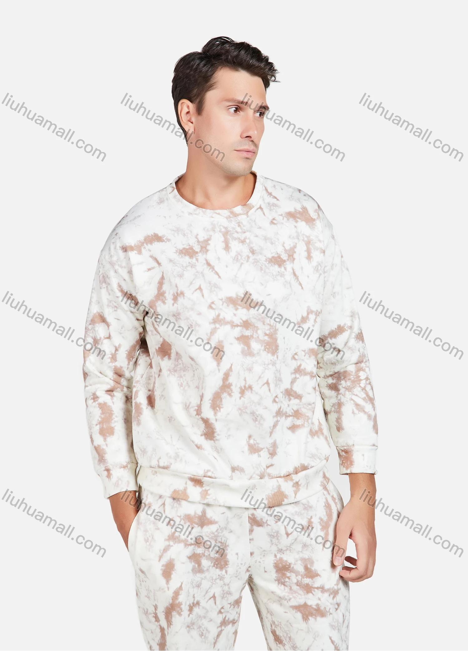 Wholesale Men's Casual Round Neck Long Sleeve Tie Dye Thermal Sweatshirt Unisex 2 Piece Set - Liuhuamall