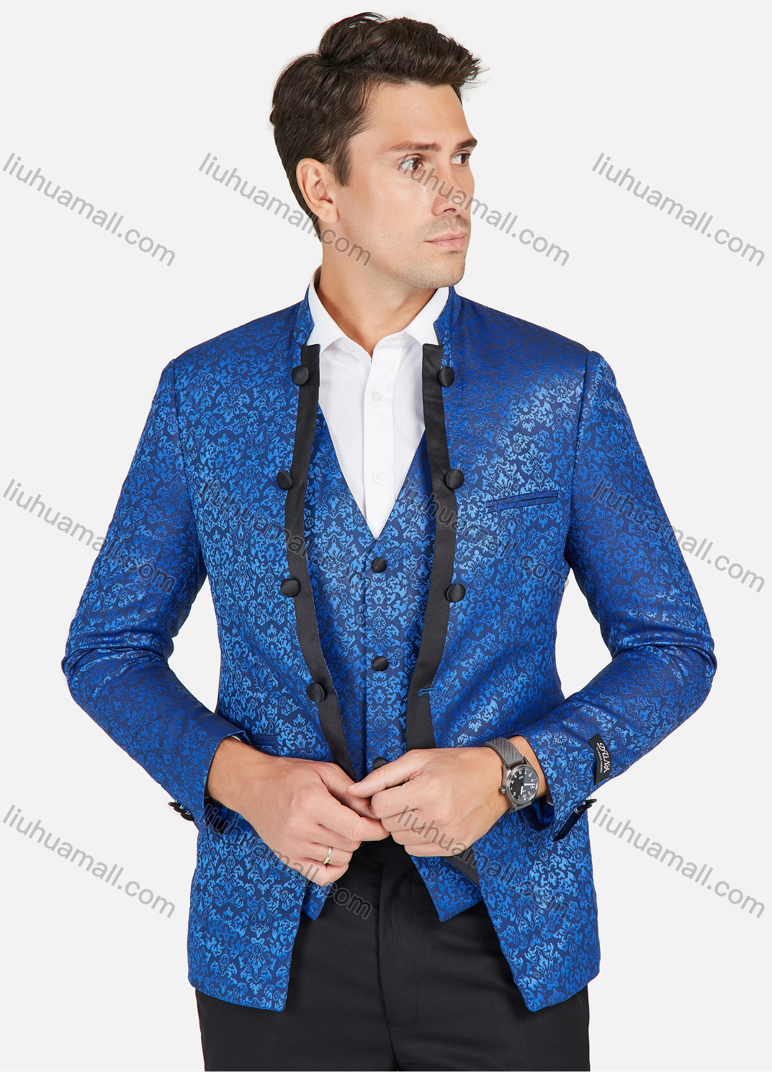 Wholesale Men's Stand Collar Floral Jacquard One Button Stylish Blazer Jacket With Waistcoat 3-Pieces Set - Liuhuamall
