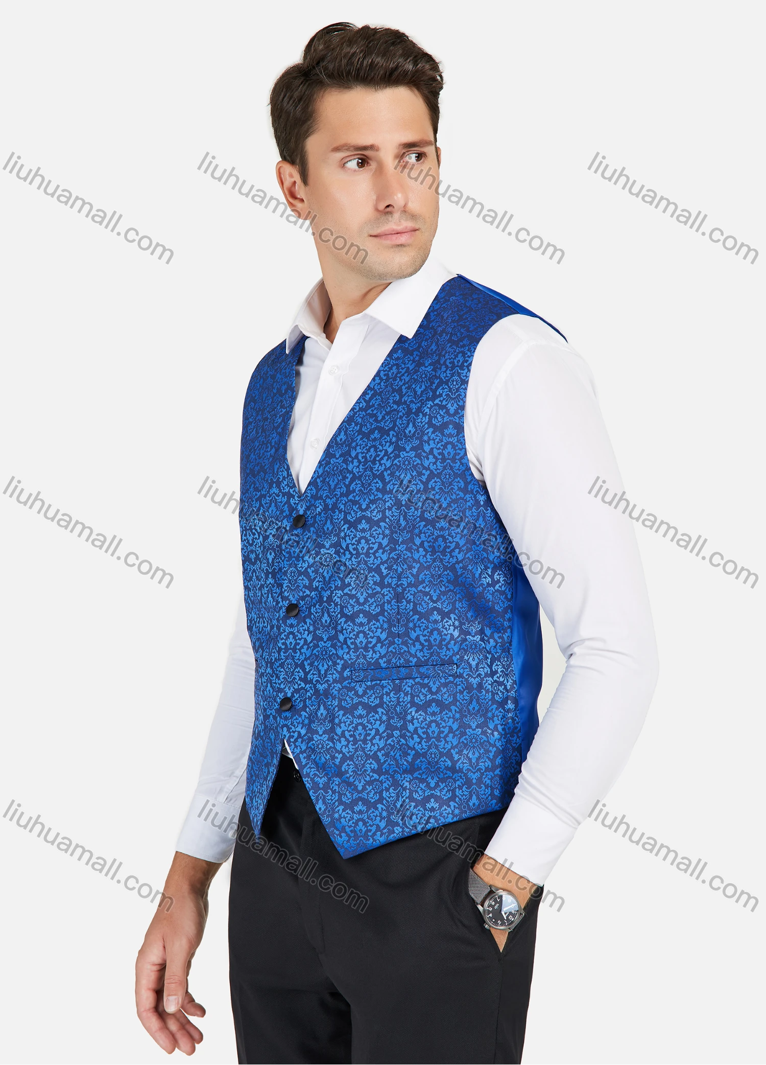 Wholesale Men's Stand Collar Floral Jacquard One Button Stylish Blazer Jacket With Waistcoat 3-Pieces Set - Liuhuamall