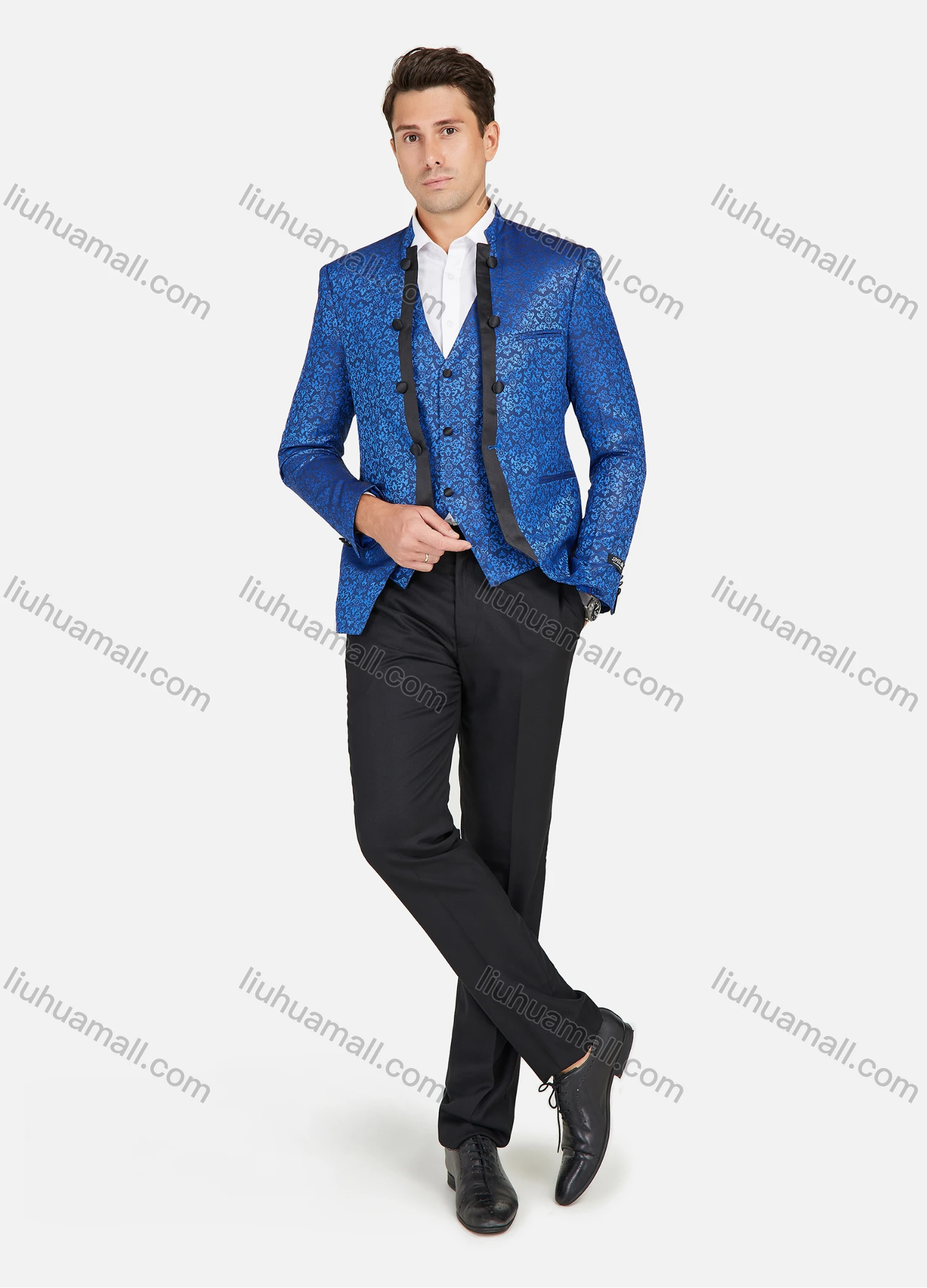 Wholesale Men's Stand Collar Floral Jacquard One Button Stylish Blazer Jacket With Waistcoat 3-Pieces Set - Liuhuamall